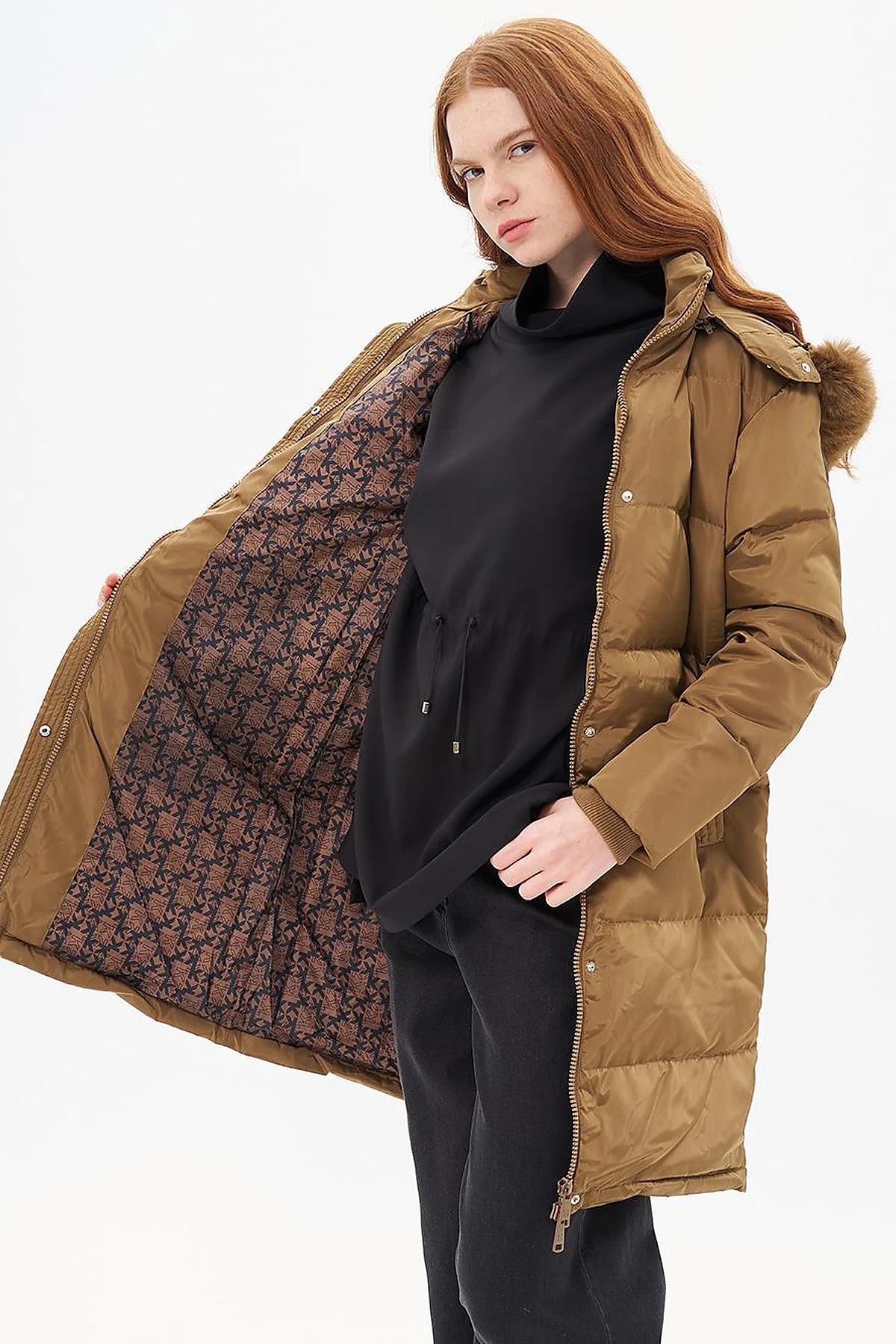 Down Feather Filled Hooded Coat Dark Olive