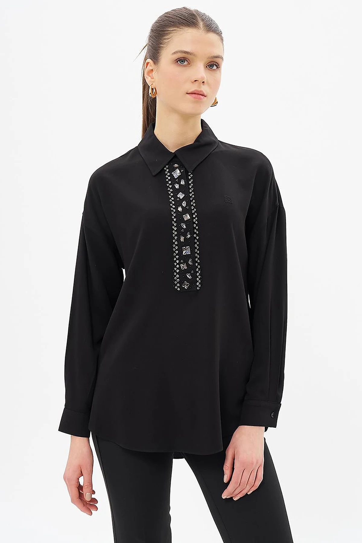 Stone-Embellished Elegant Blouse Black