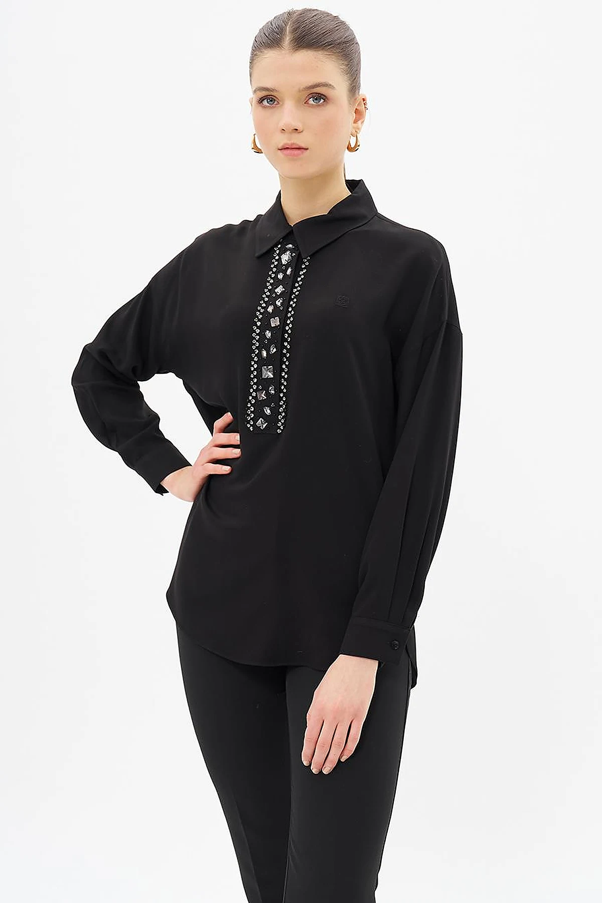 Stone-Embellished Elegant Blouse Black