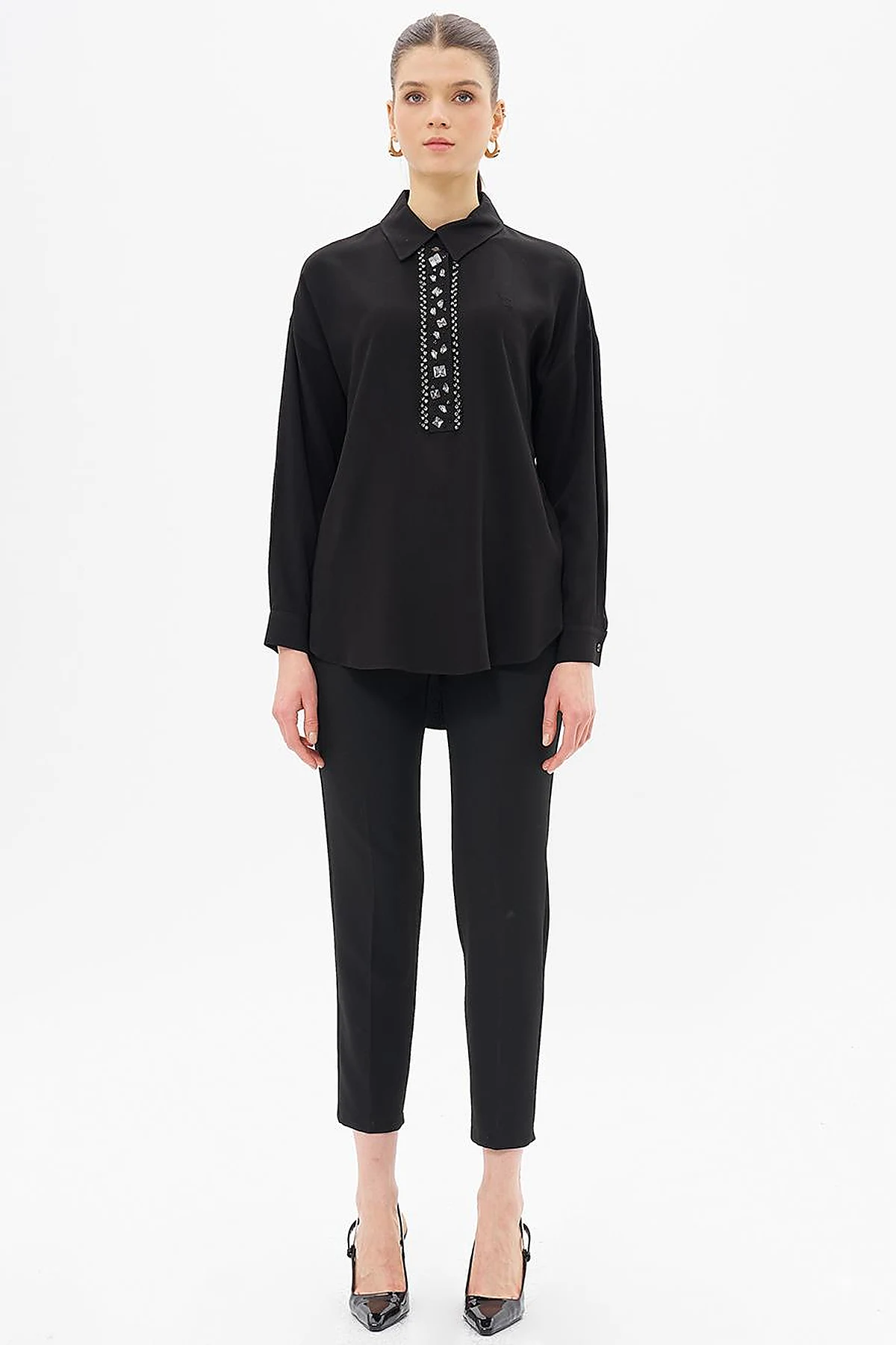 Stone-Embellished Elegant Blouse Black
