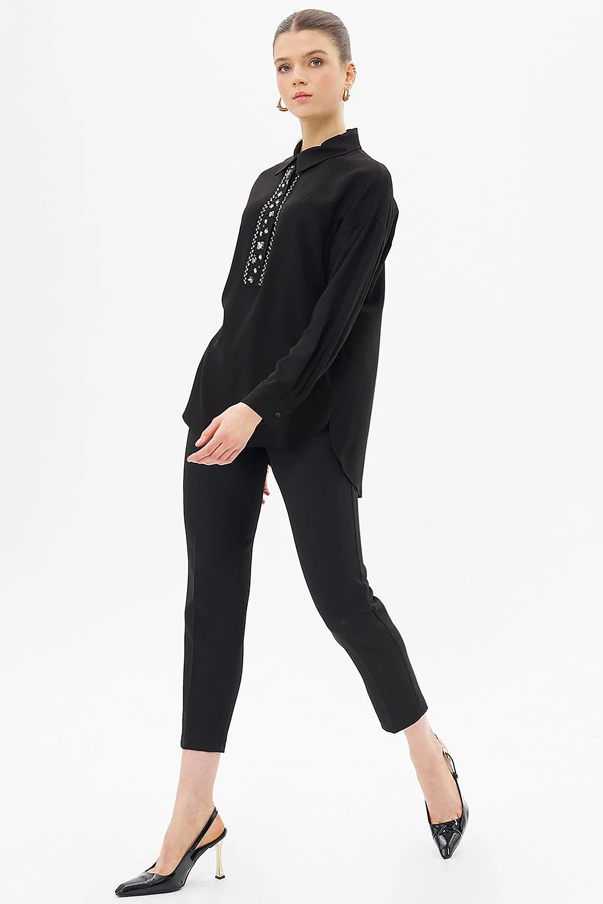 Stone-Embellished Elegant Blouse Black