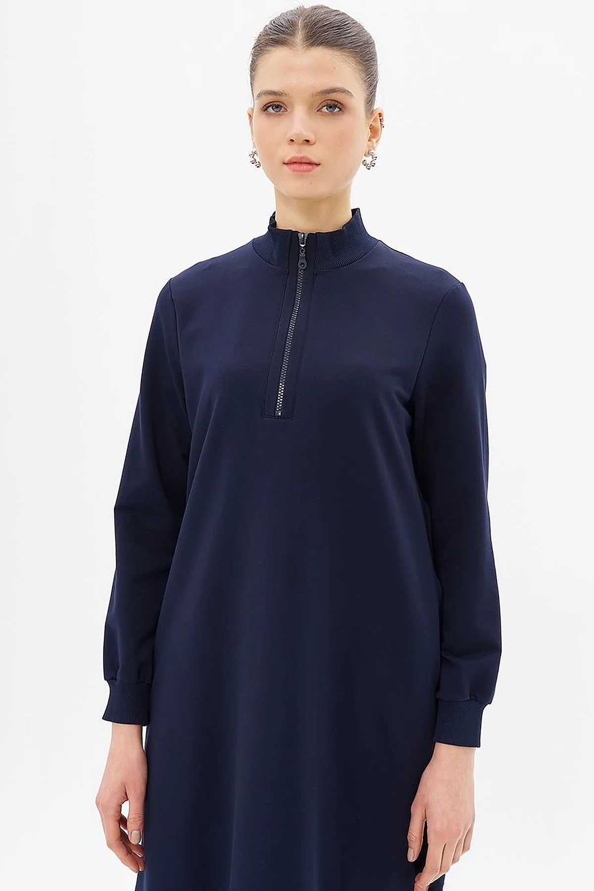 Half Zipper Closure Pocket Detailed Tunic Navy Blue