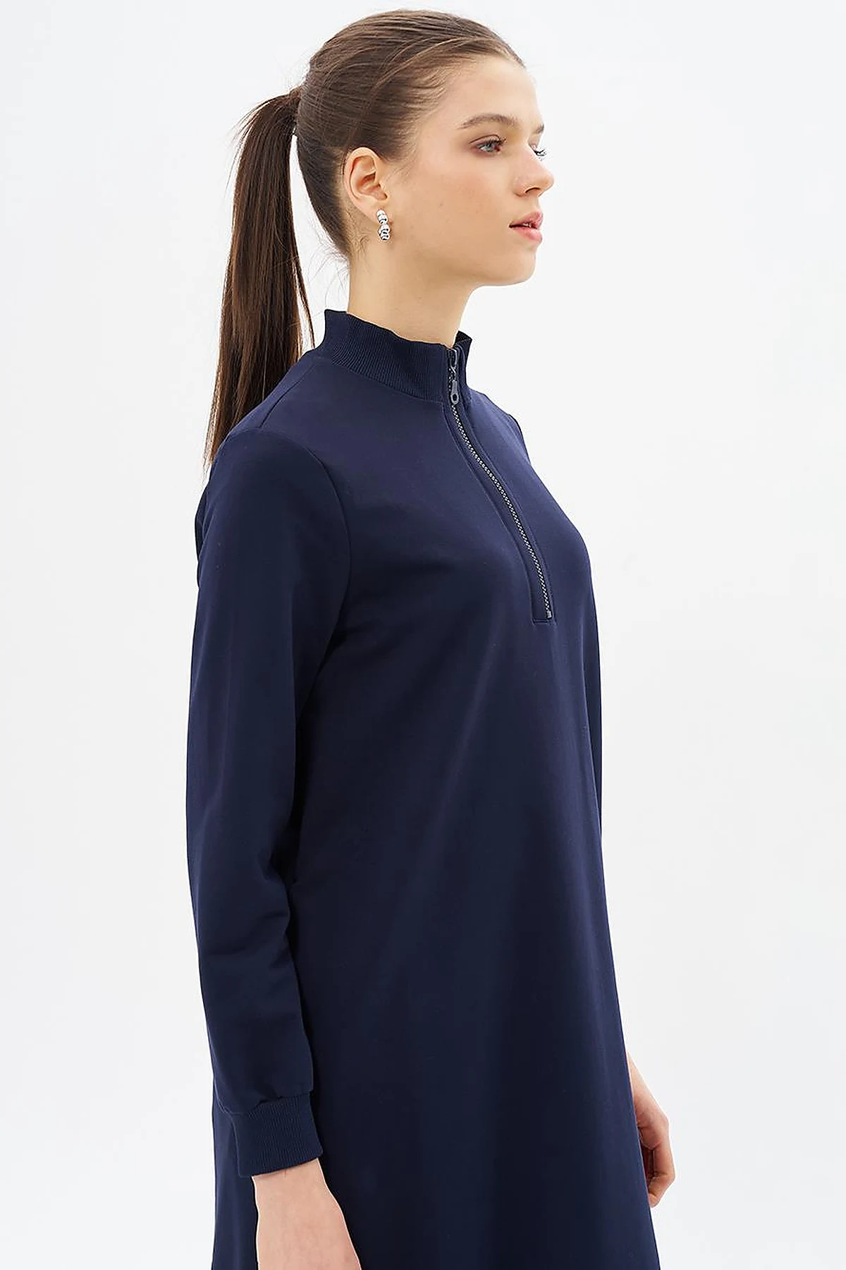 Half Zipper Closure Pocket Detailed Tunic Navy Blue