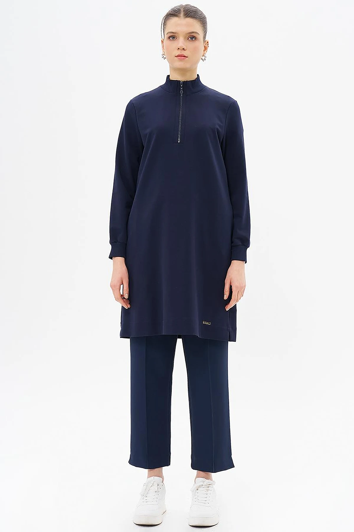 Half Zipper Closure Pocket Detailed Tunic Navy Blue