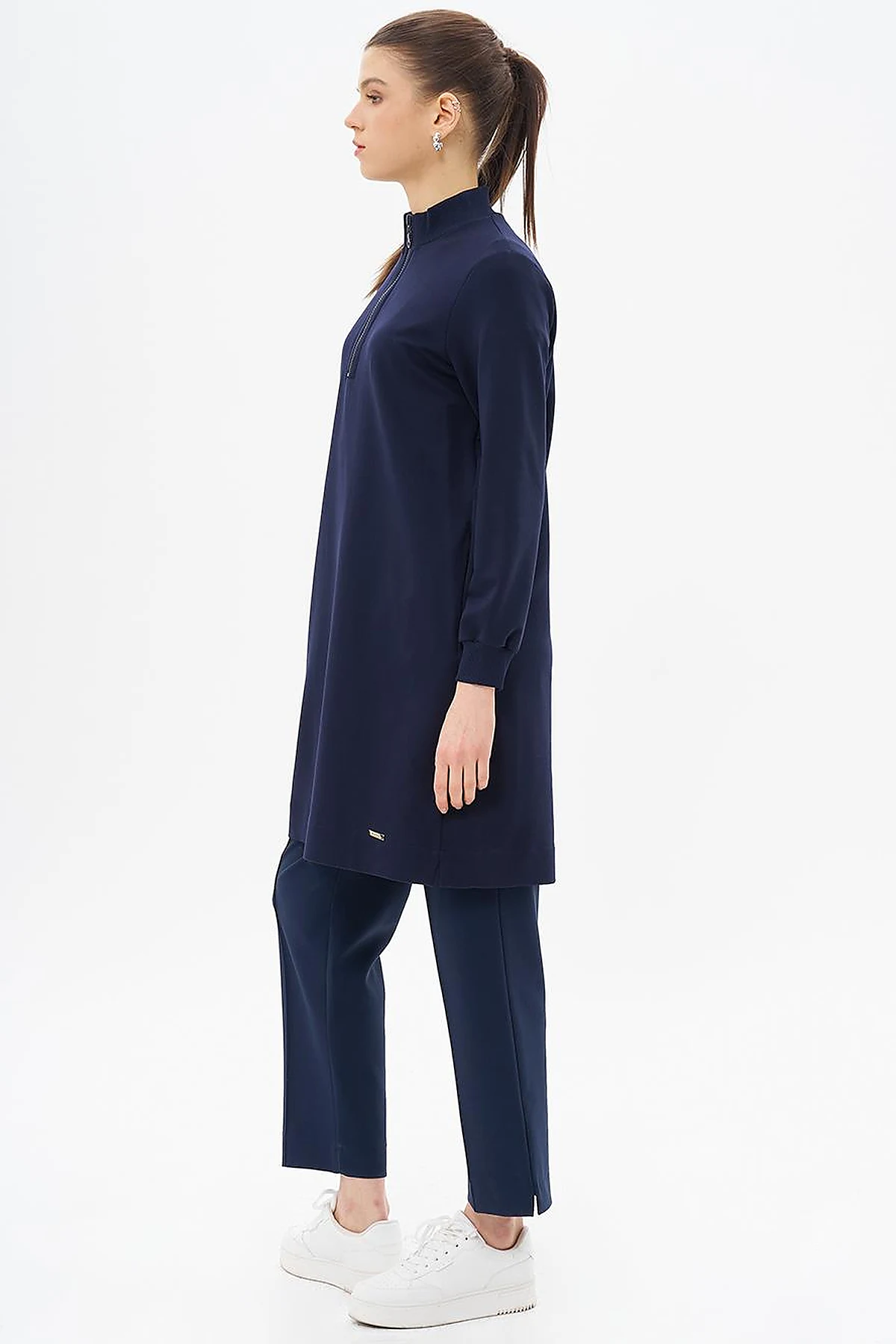 Half Zipper Closure Pocket Detailed Tunic Navy Blue