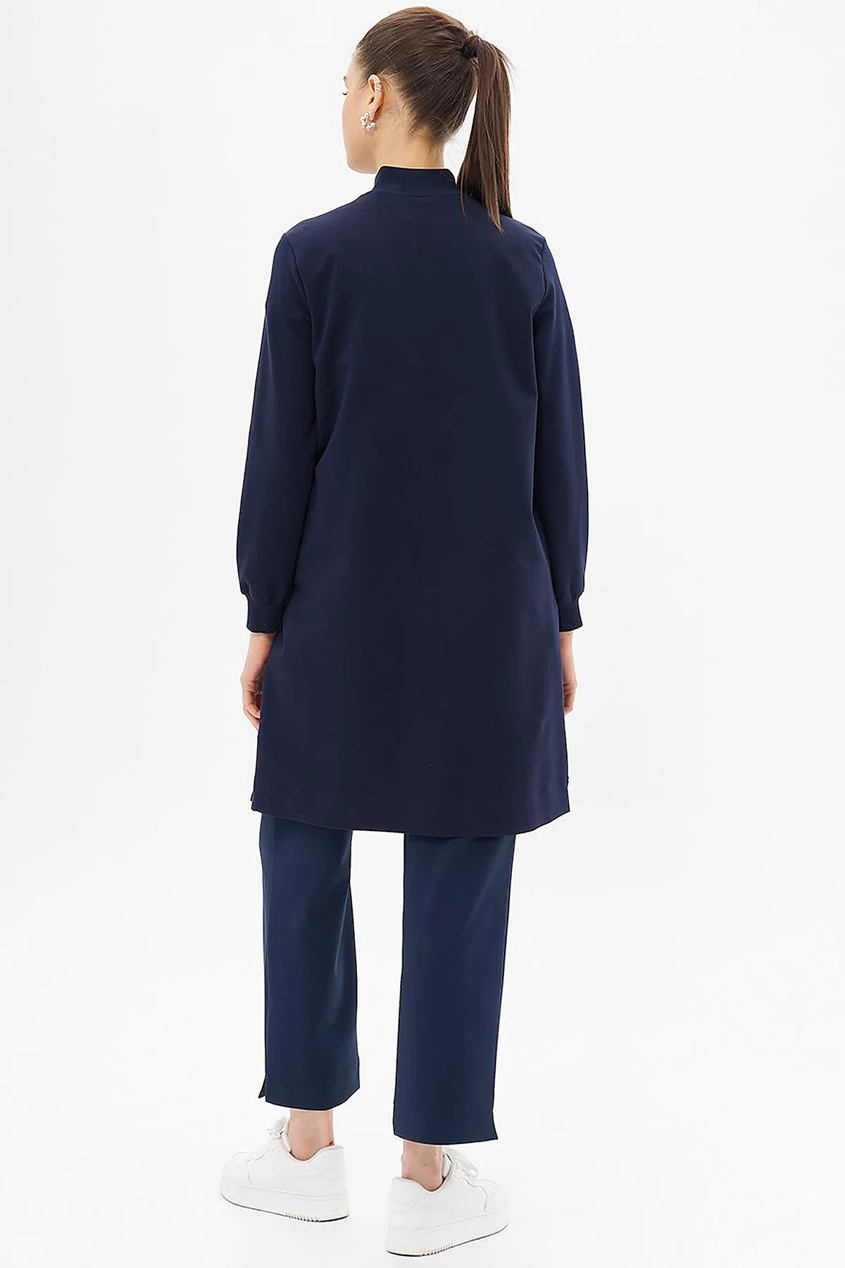 Half Zipper Closure Pocket Detailed Tunic Navy Blue