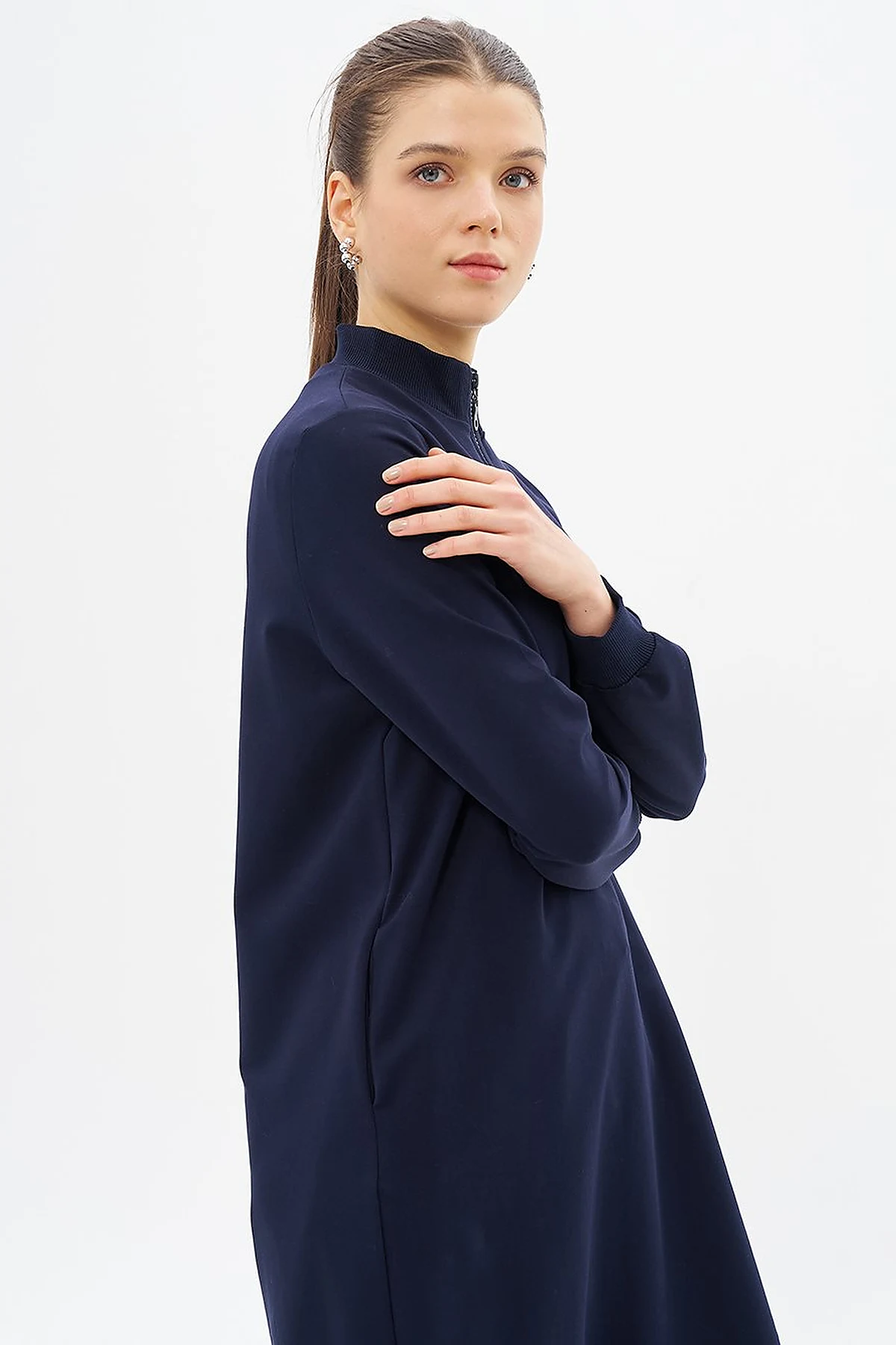 Half Zipper Closure Pocket Detailed Tunic Navy Blue