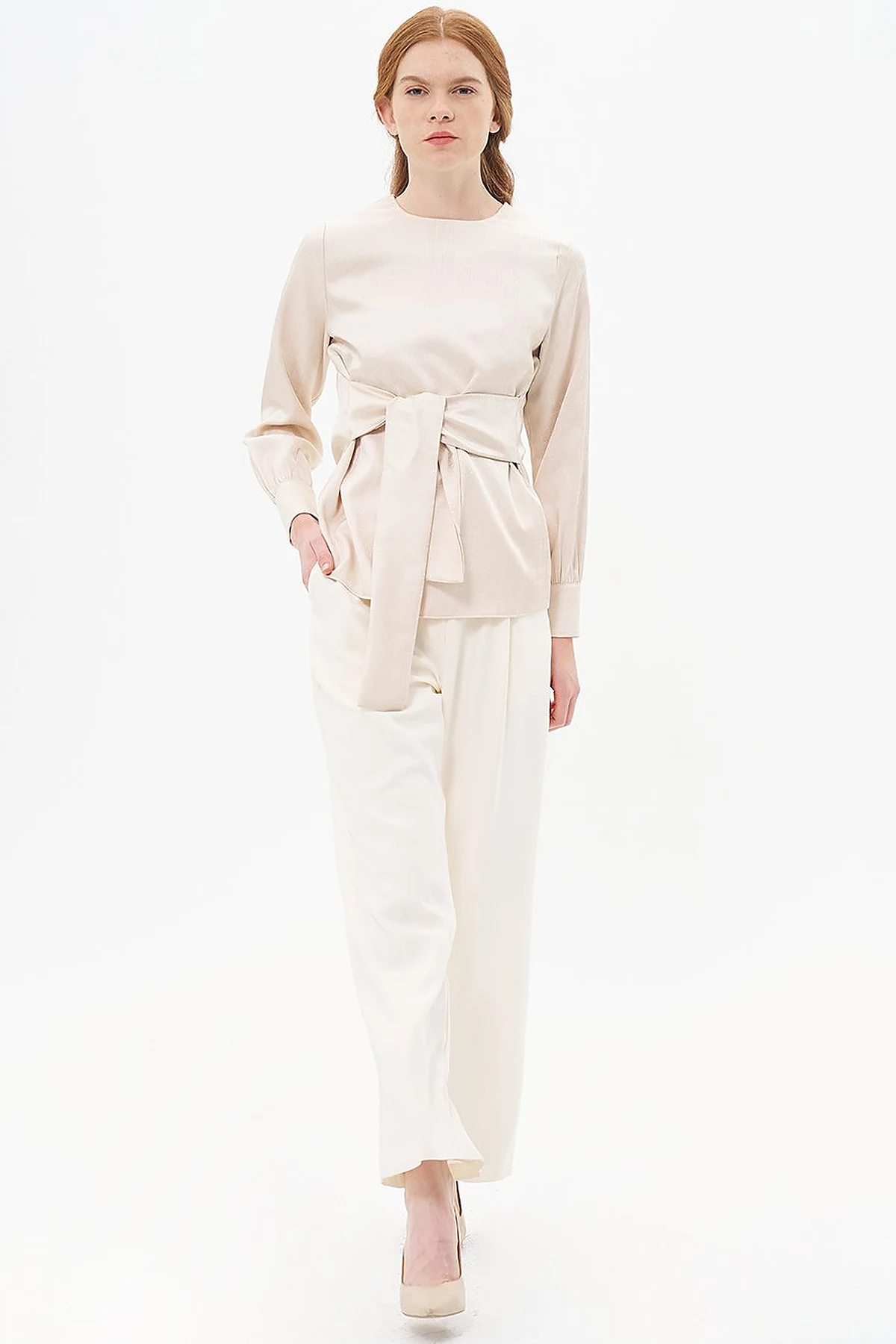 Belted Zero Collar Blouse Beige