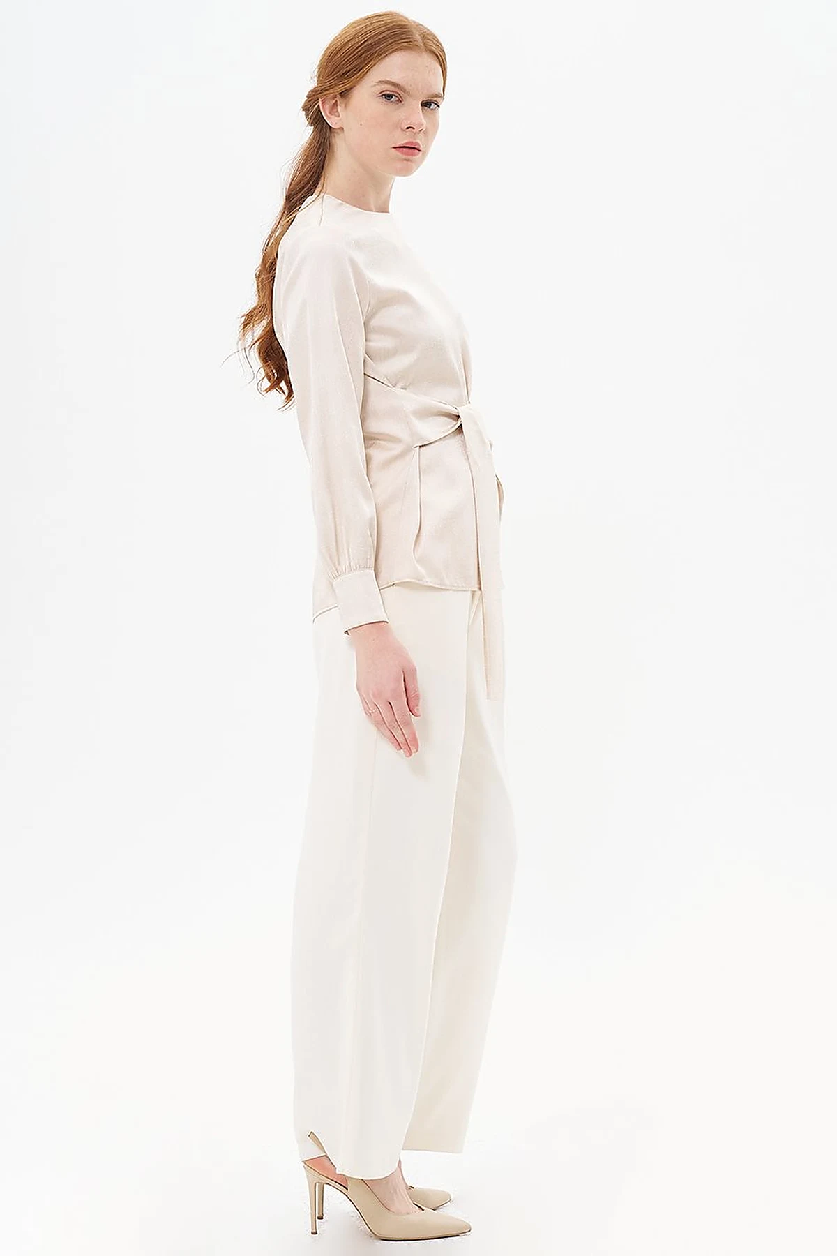 Belted Zero Collar Blouse Beige