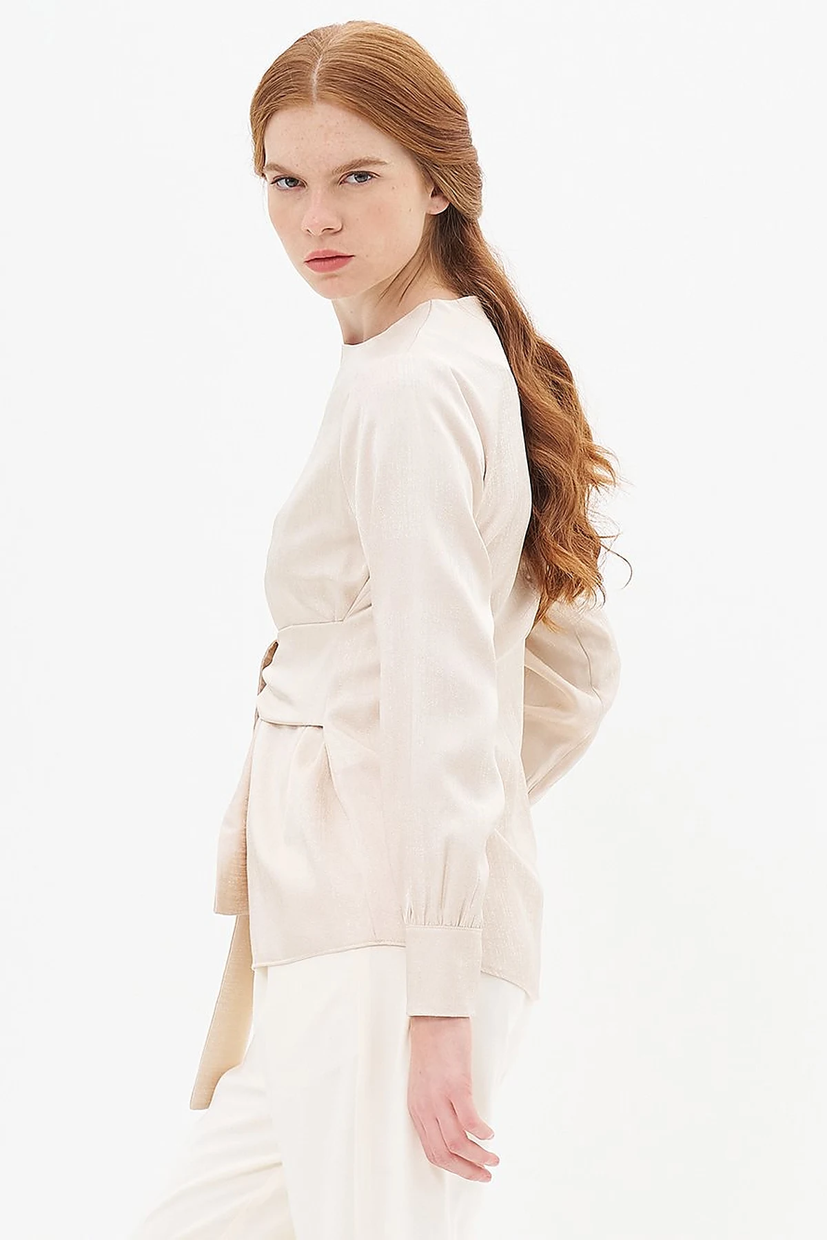 Belted Zero Collar Blouse Beige