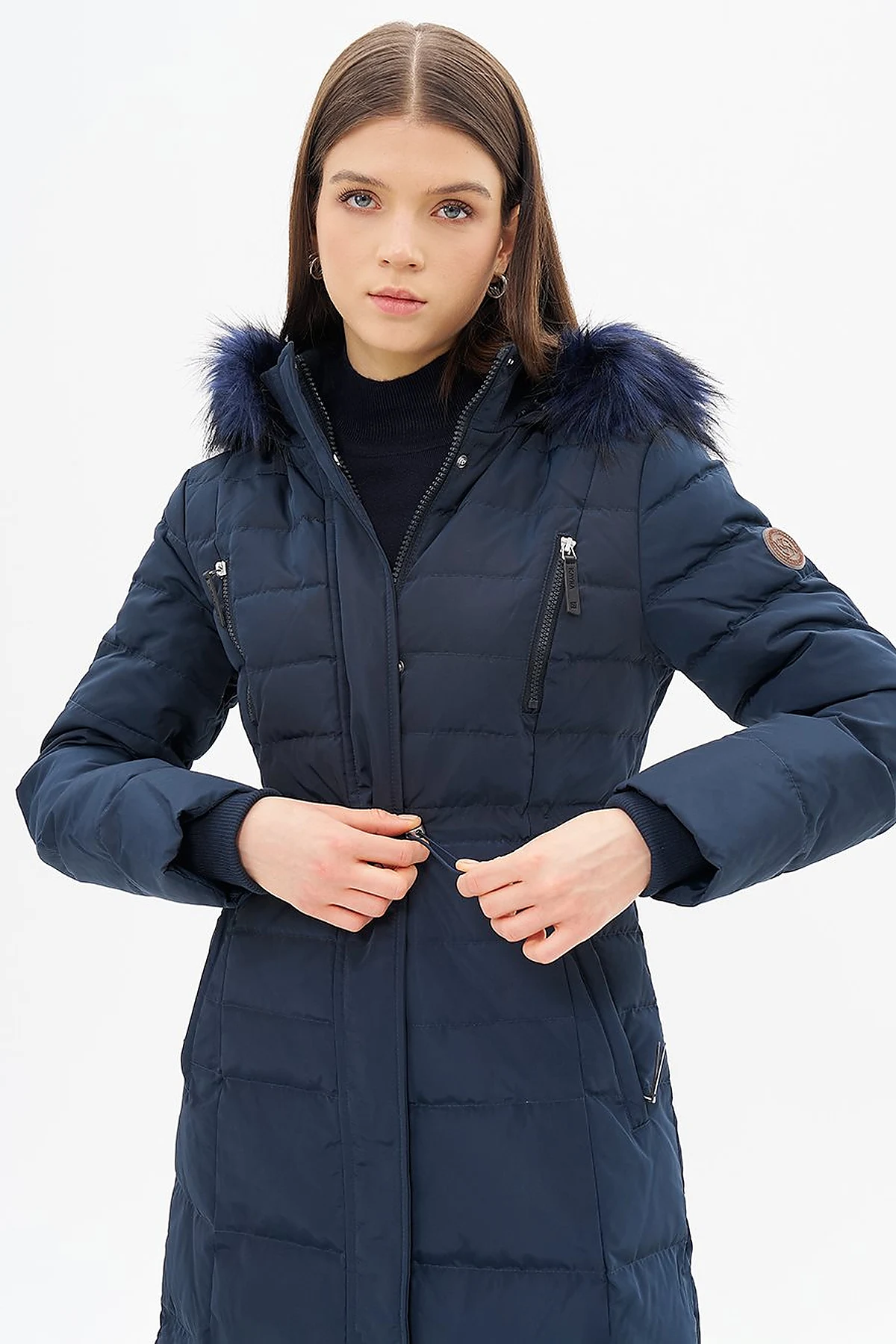 Goose Feather Filled Waist Drawstring Coat Navy Blue