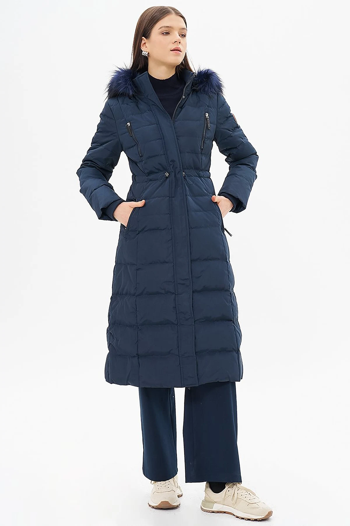 Goose Feather Filled Waist Drawstring Coat Navy Blue
