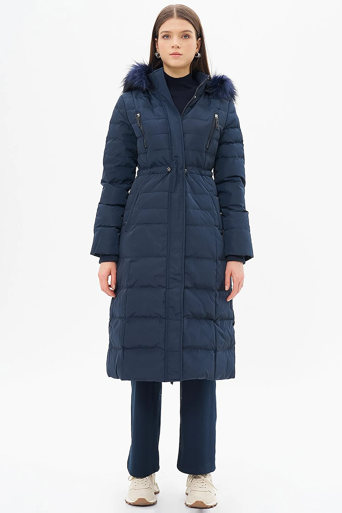 Goose Feather Filled Waist Drawstring Coat Navy Blue