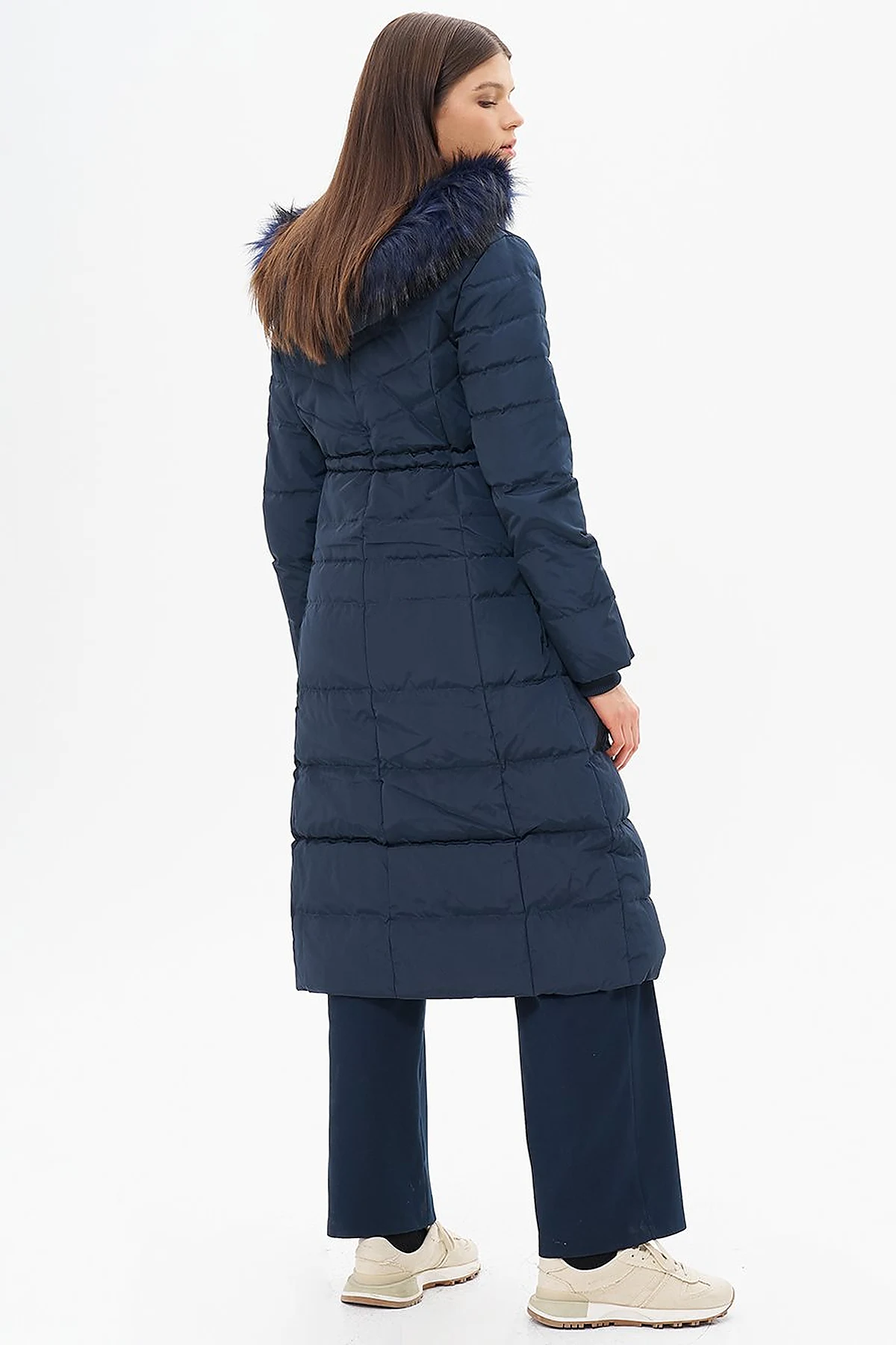 Goose Feather Filled Waist Drawstring Coat Navy Blue