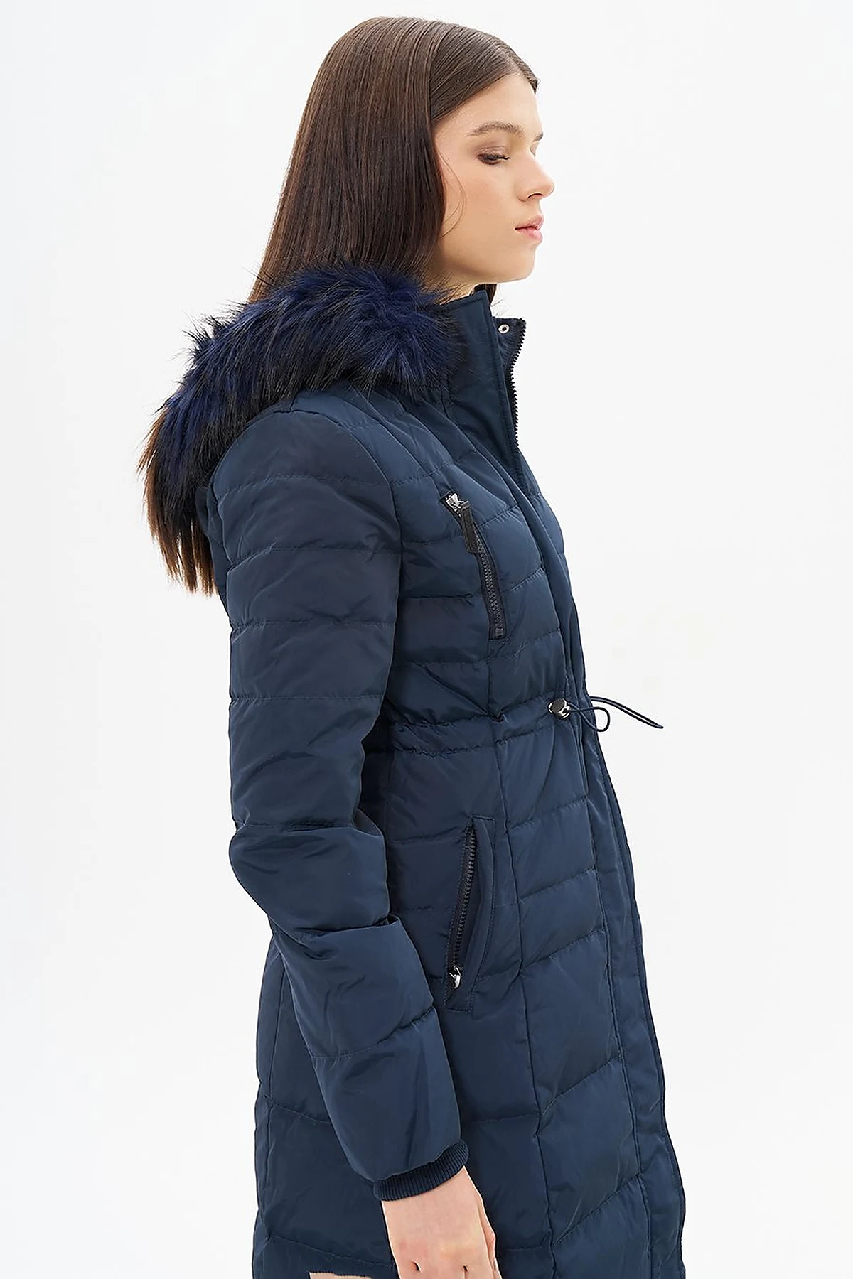 Goose Feather Filled Waist Drawstring Coat Navy Blue