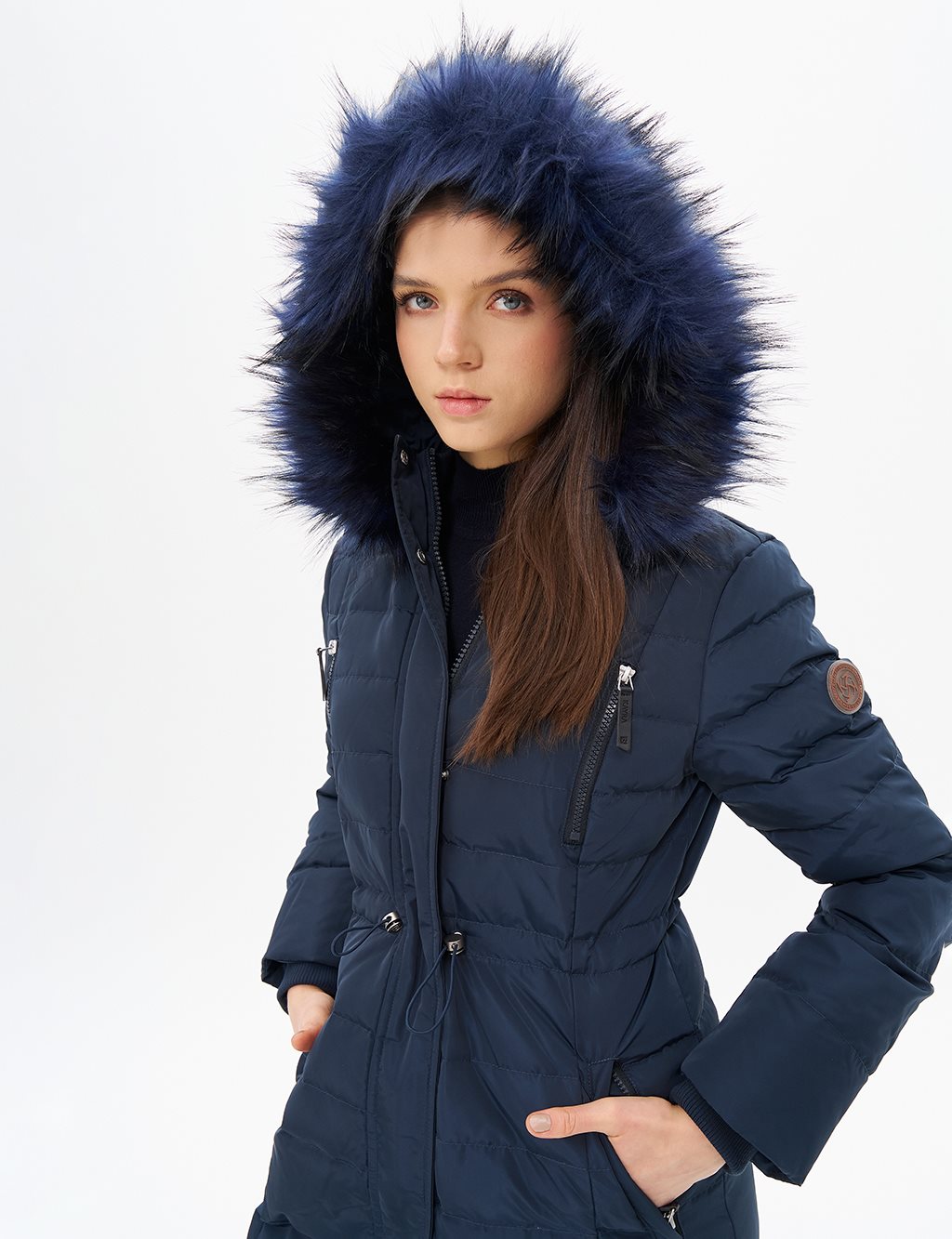 Goose Feather Filled Waist Drawstring Coat Navy Blue