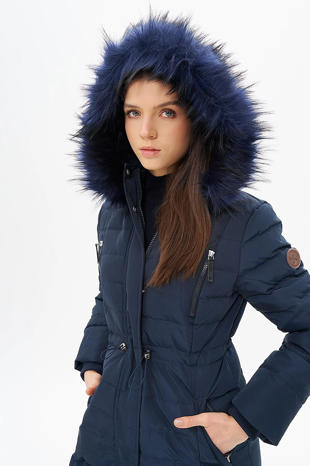 Goose Feather Filled Waist Drawstring Coat Navy Blue