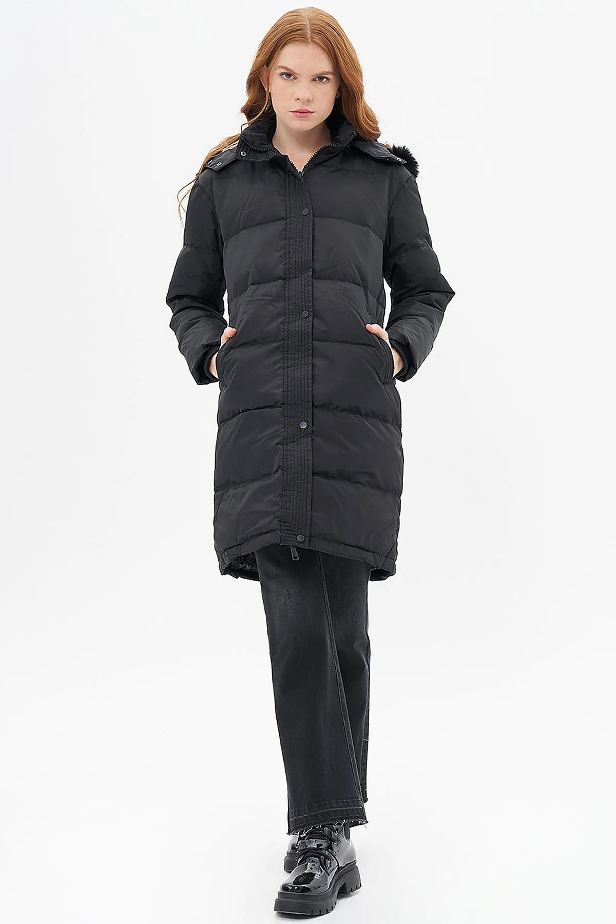 Goose Feather Filled Hooded Coat Black