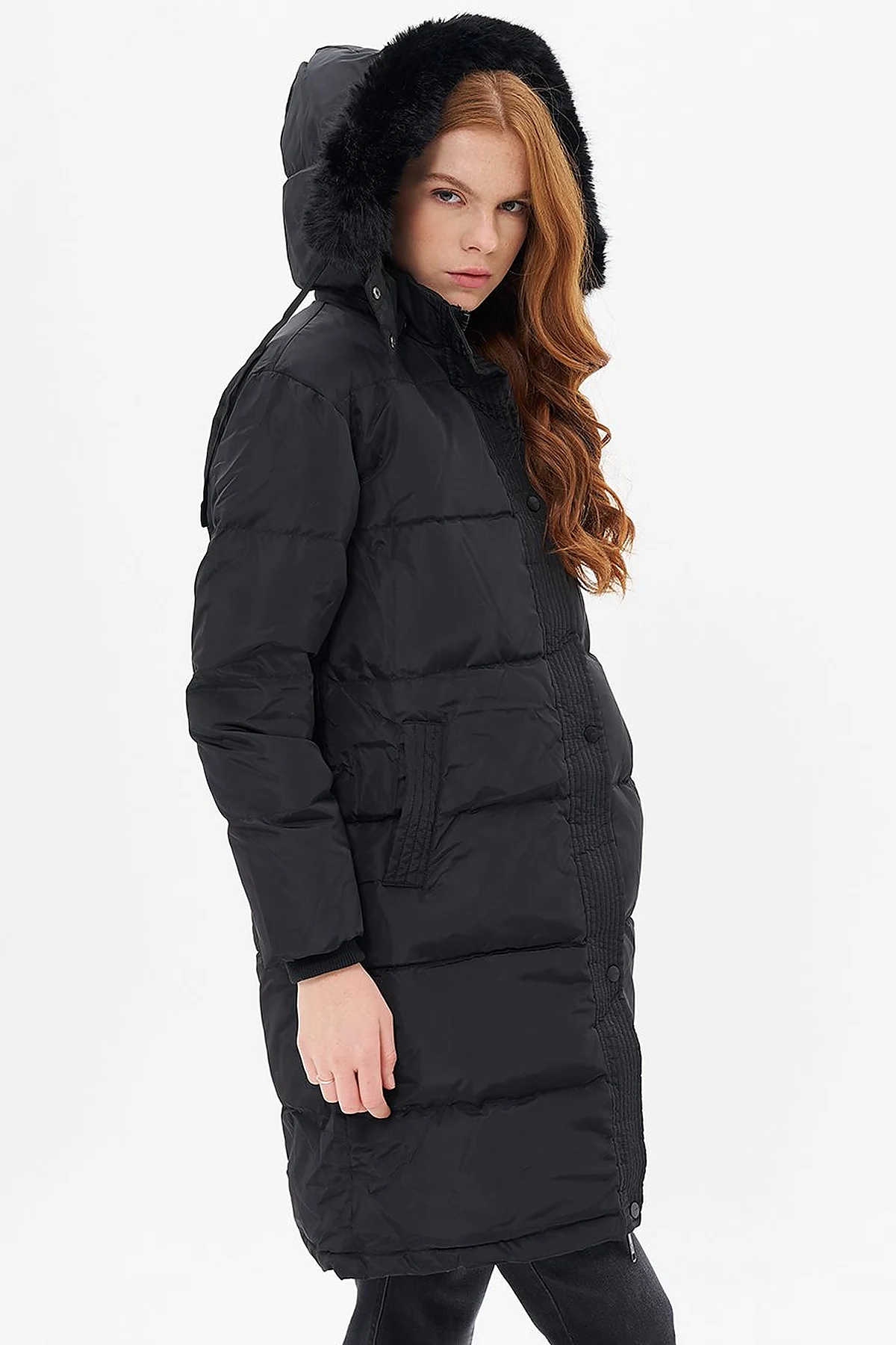Goose Feather Filled Hooded Coat Black