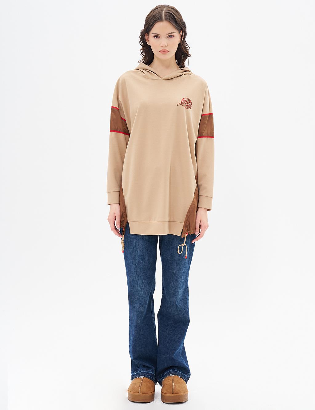 Garnili Büzgü Detay Sweatshirt Sütlü Kahve