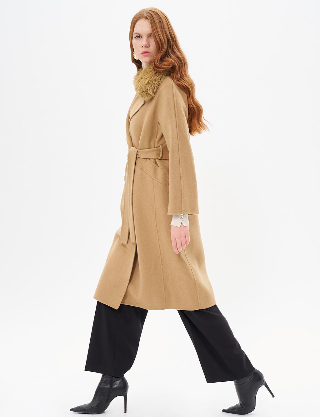 Premium Wool Fur Double-Breasted Buttoned Coat Camel