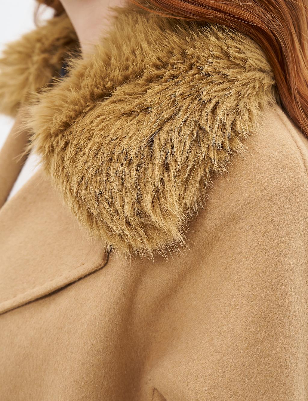 Premium Wool Fur Double Breasted Buttoned Coat Camel