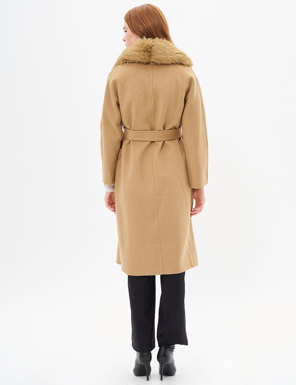 Premium Wool Fur Double-Breasted Buttoned Coat Camel