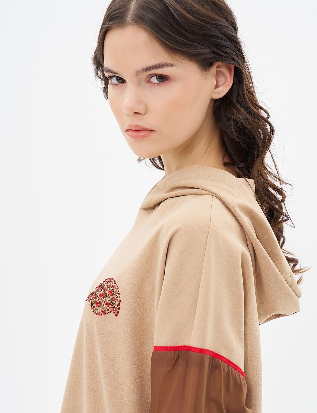 Garnili Büzgü Detay Sweatshirt Sütlü Kahve