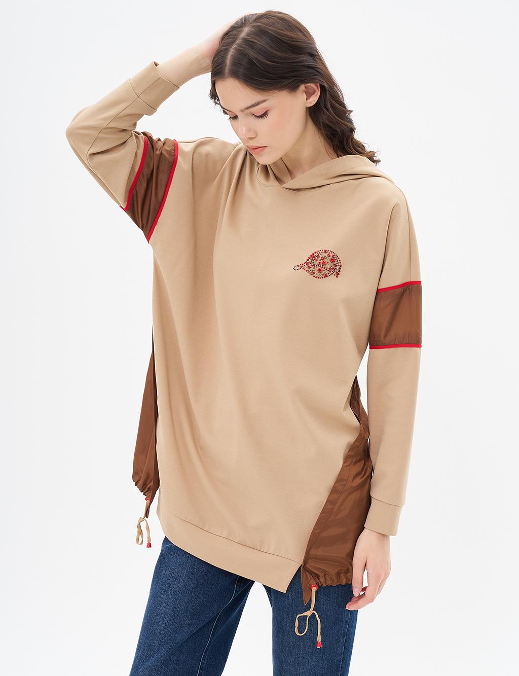 Garnished Drawstring Detailed Sweatshirt Milky Coffee