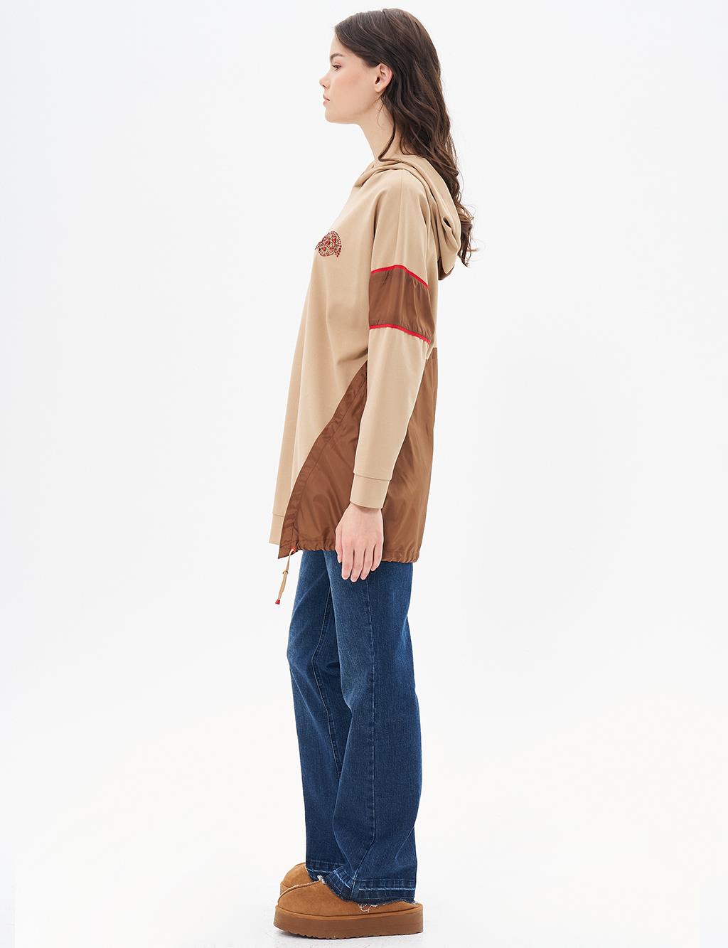 Garnili Büzgü Detay Sweatshirt Sütlü Kahve