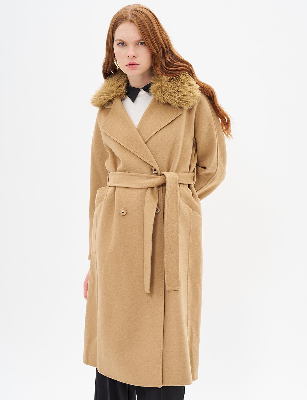 Premium Wool Fur Double-Breasted Buttoned Coat Camel
