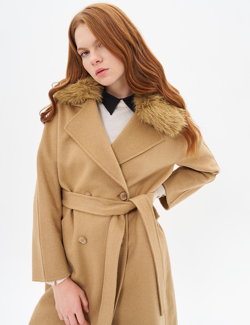 Premium Wool Fur Double-Breasted Buttoned Coat Camel
