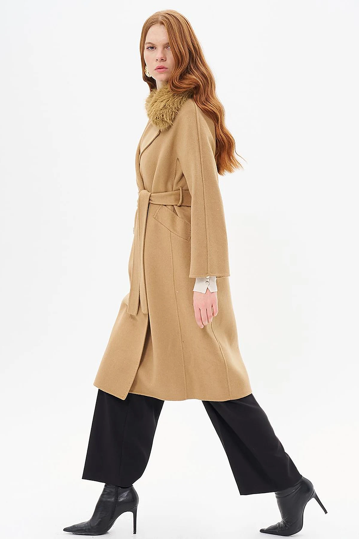 Premium Wool Fur Double-Breasted Buttoned Coat Camel