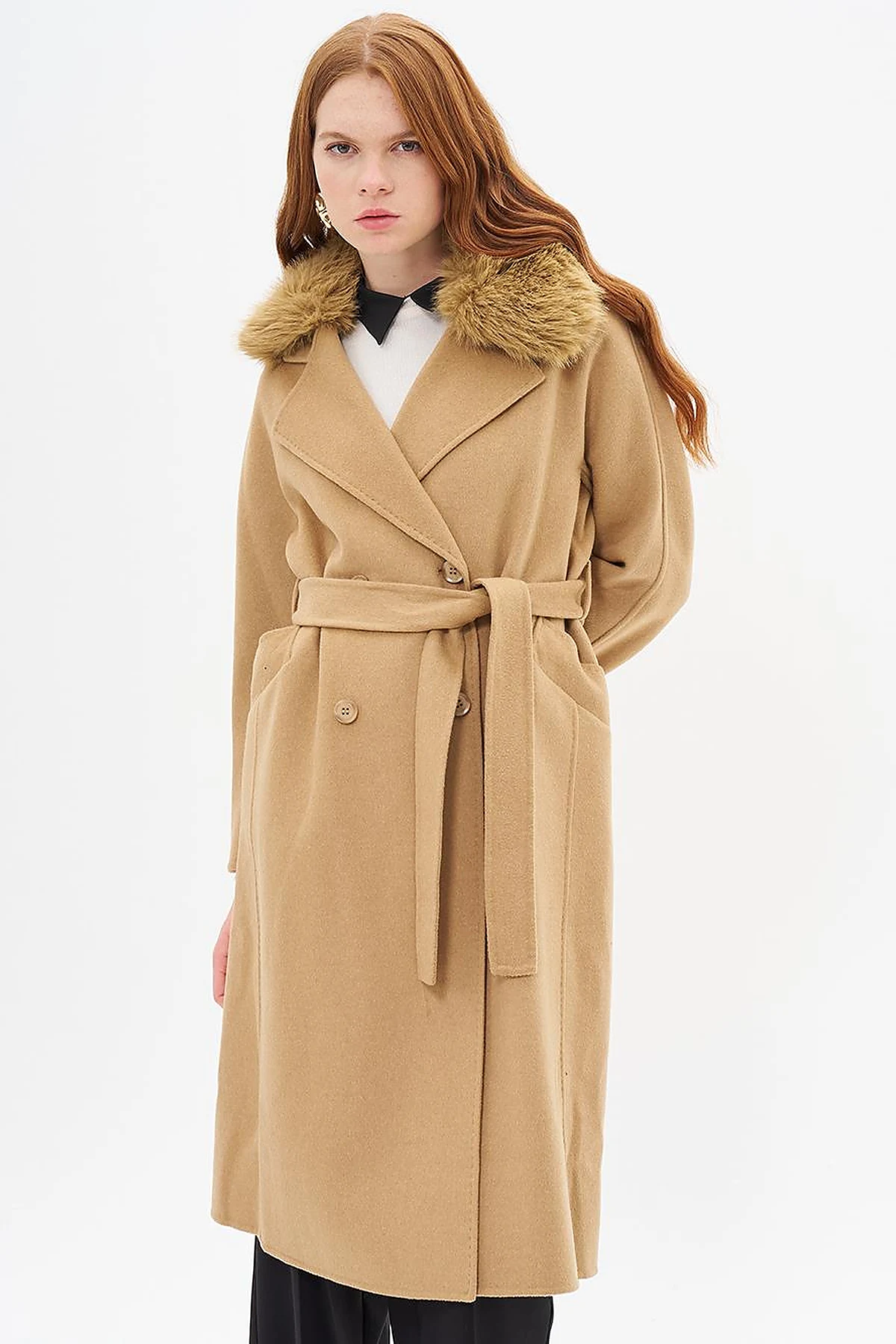 Premium Wool Fur Double-Breasted Buttoned Coat Camel