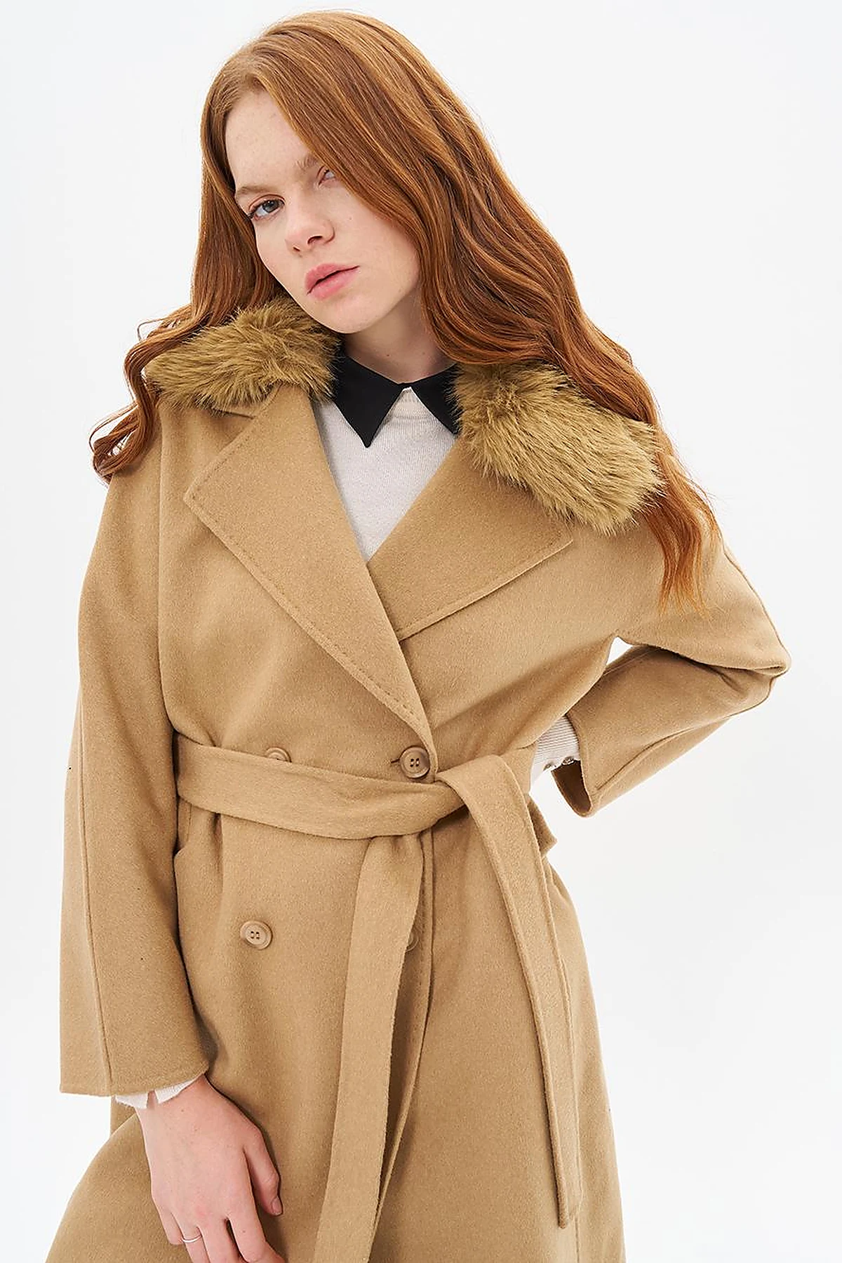 Premium Wool Fur Double-Breasted Buttoned Coat Camel