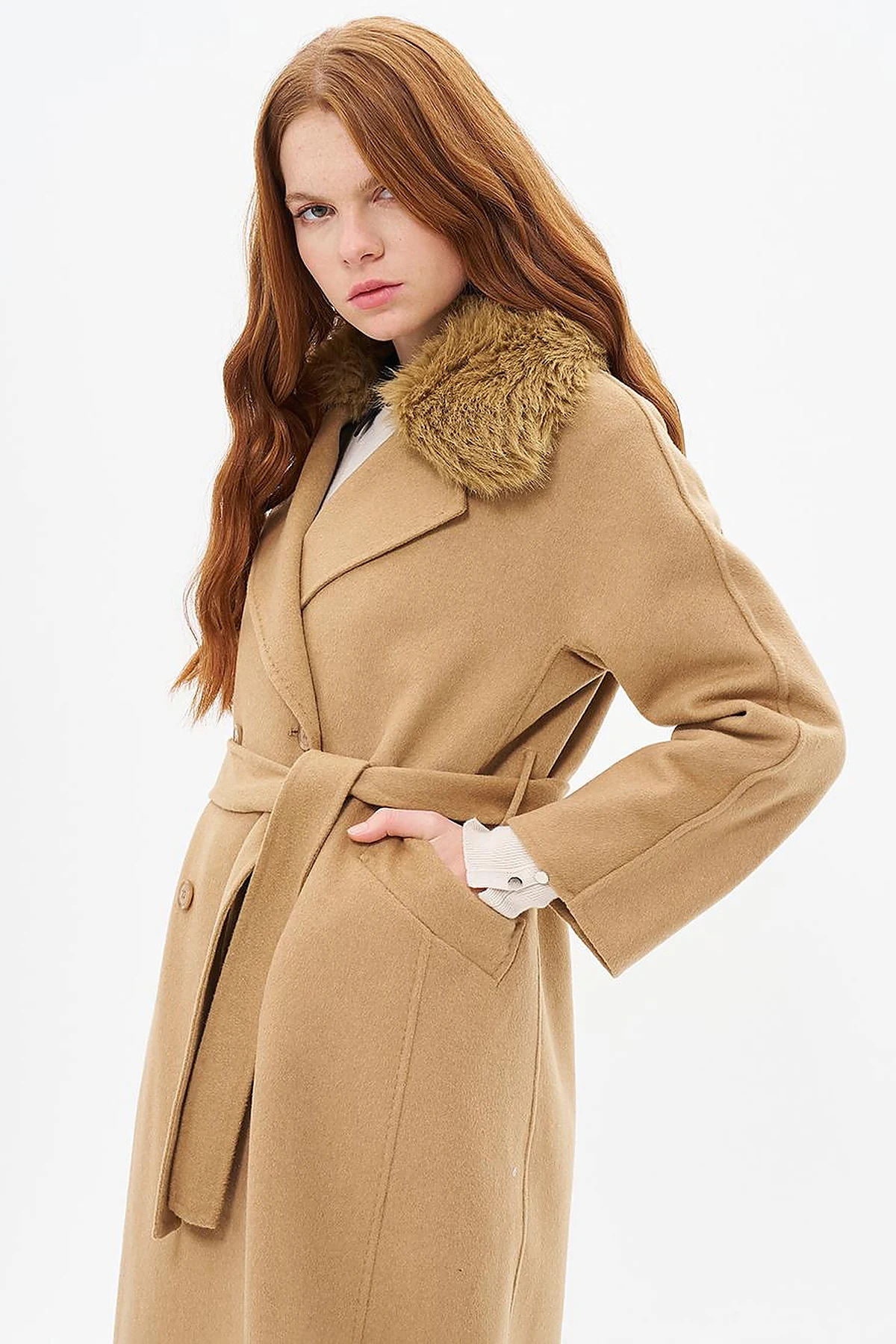 Premium Wool Fur Double-Breasted Buttoned Coat Camel
