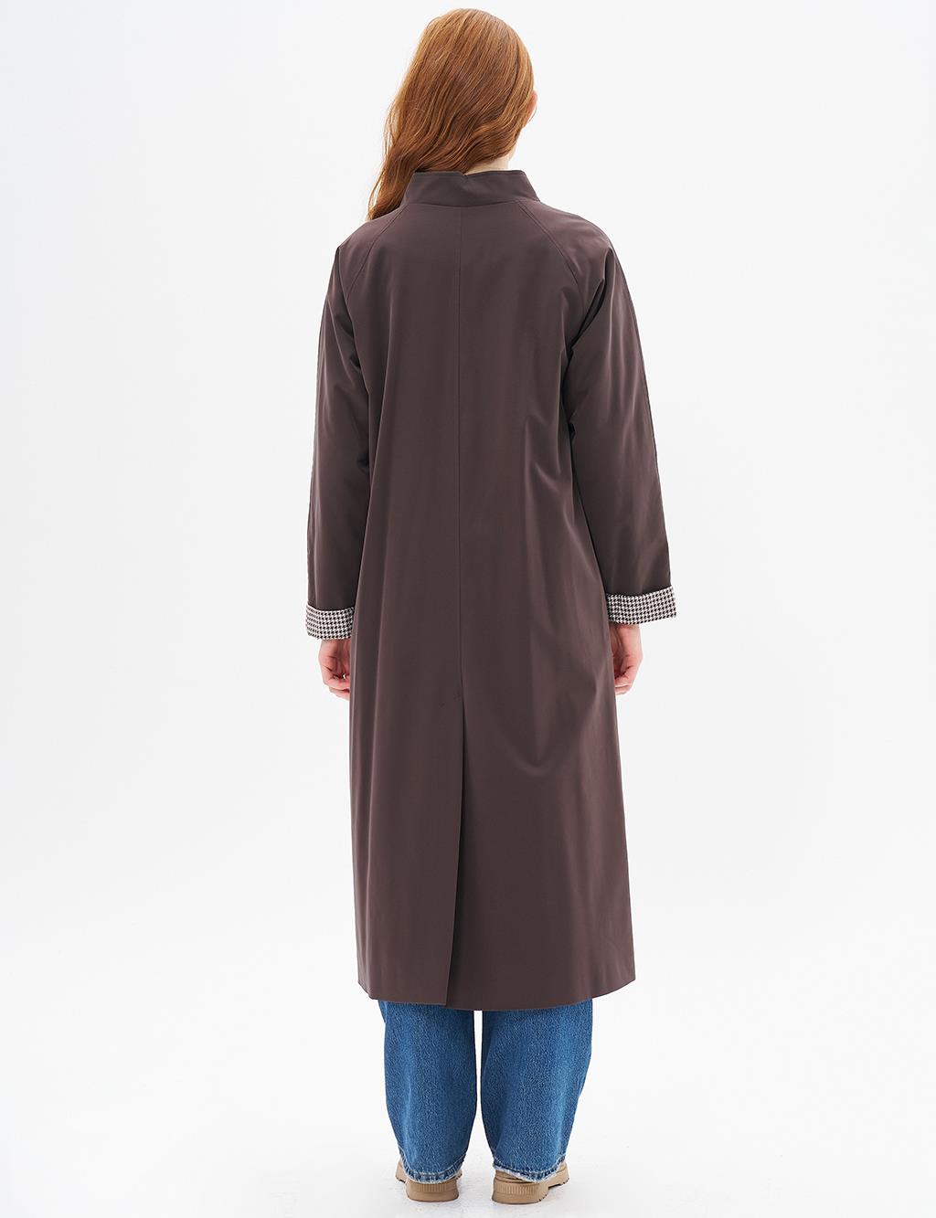 Kaz Ayağı Garnili Uzun Kaban Kahve 