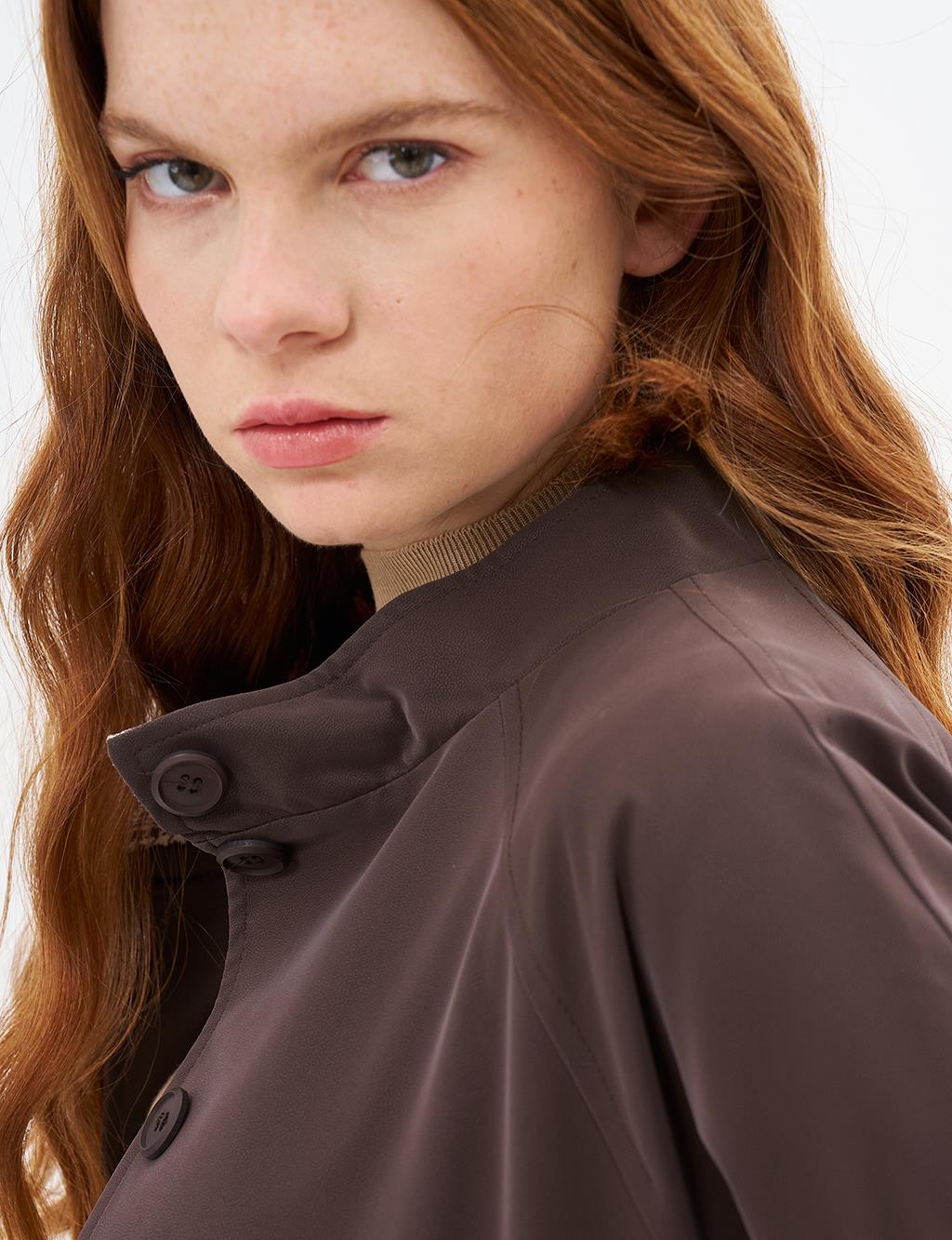 Kaz Ayağı Garnili Uzun Kaban Kahve 