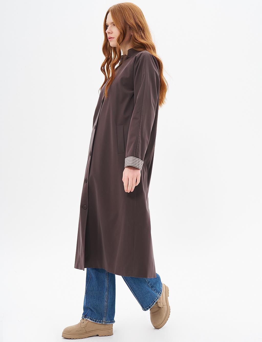 Kaz Ayağı Garnili Uzun Kaban Kahve 