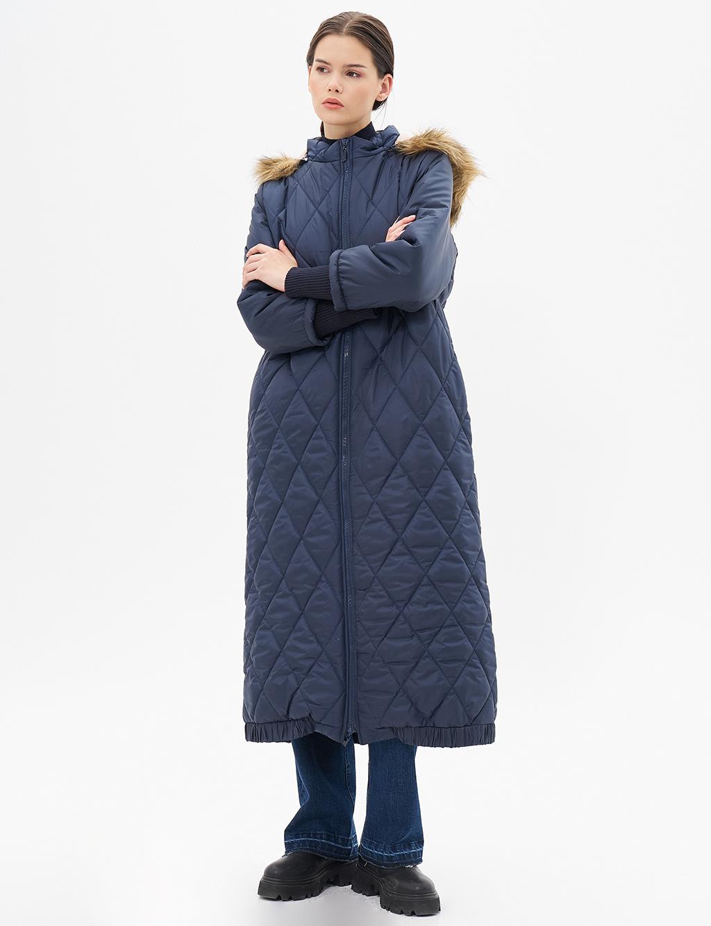 Diamond-Quilted Anorak Coat Navy Blue