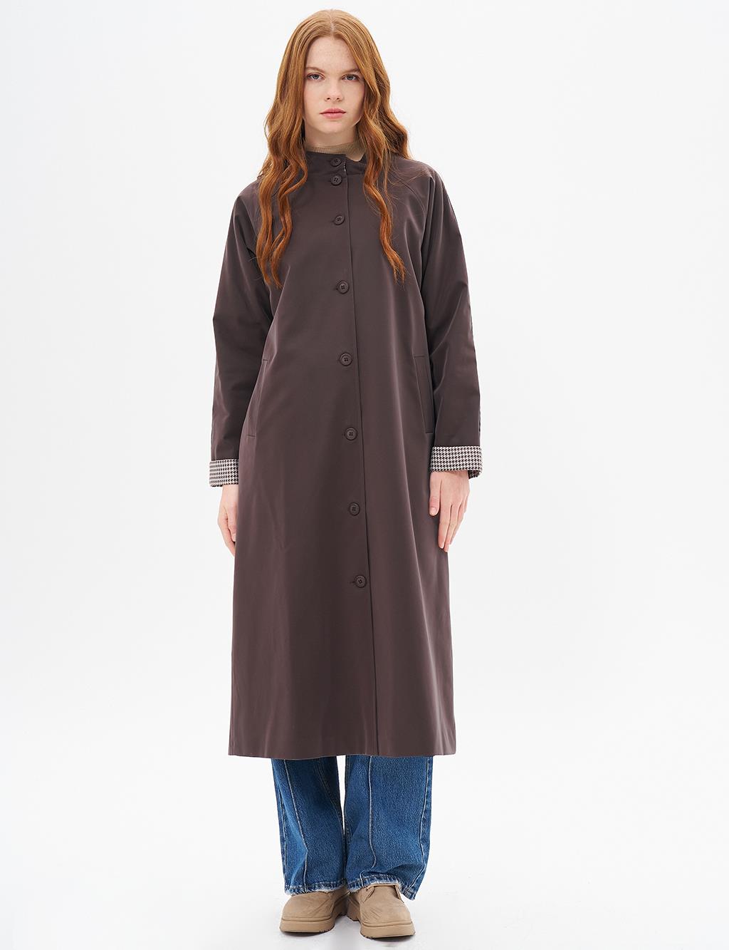 Kaz Ayağı Garnili Uzun Kaban Kahve 