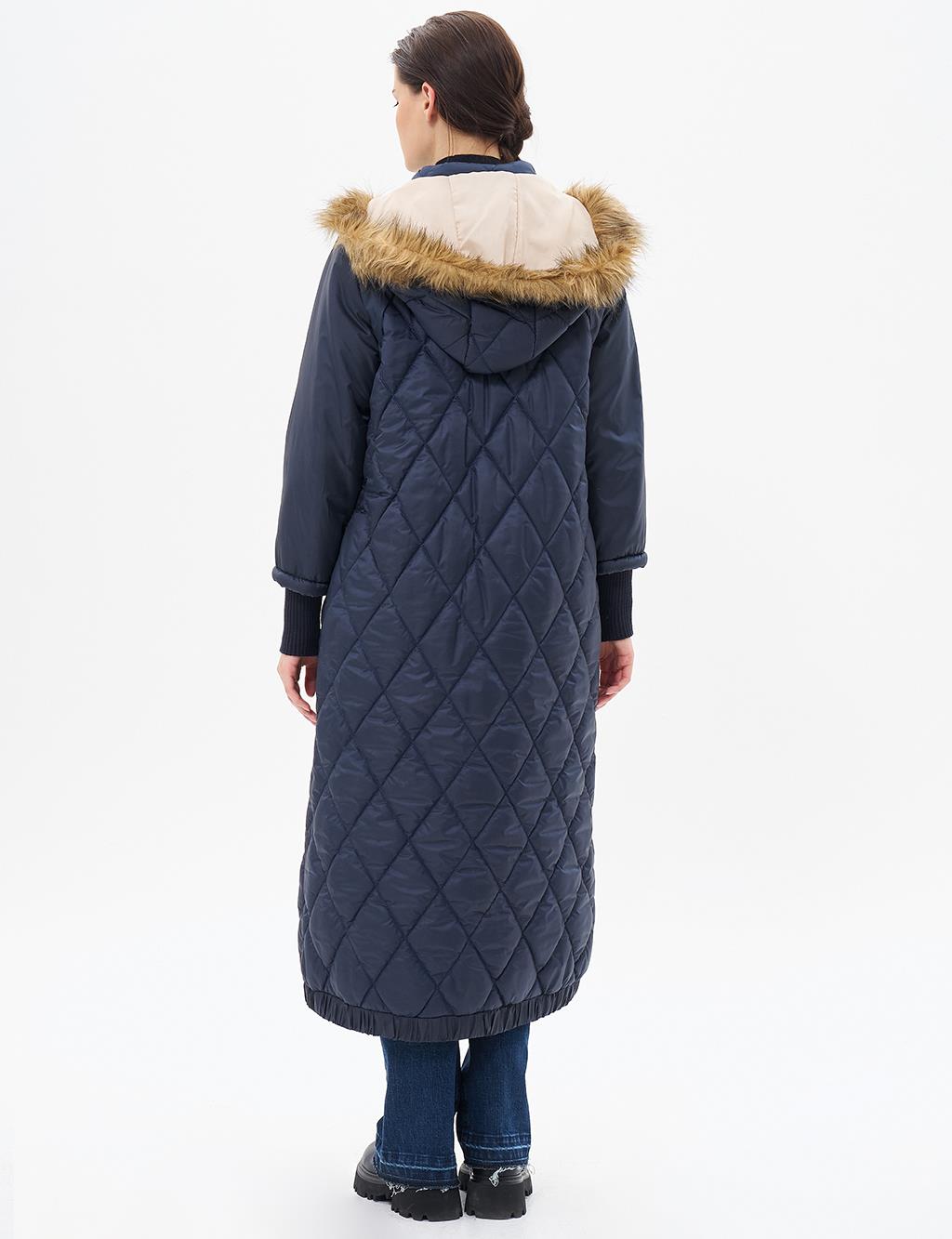 Diamond-Quilted Anorak Coat Navy Blue