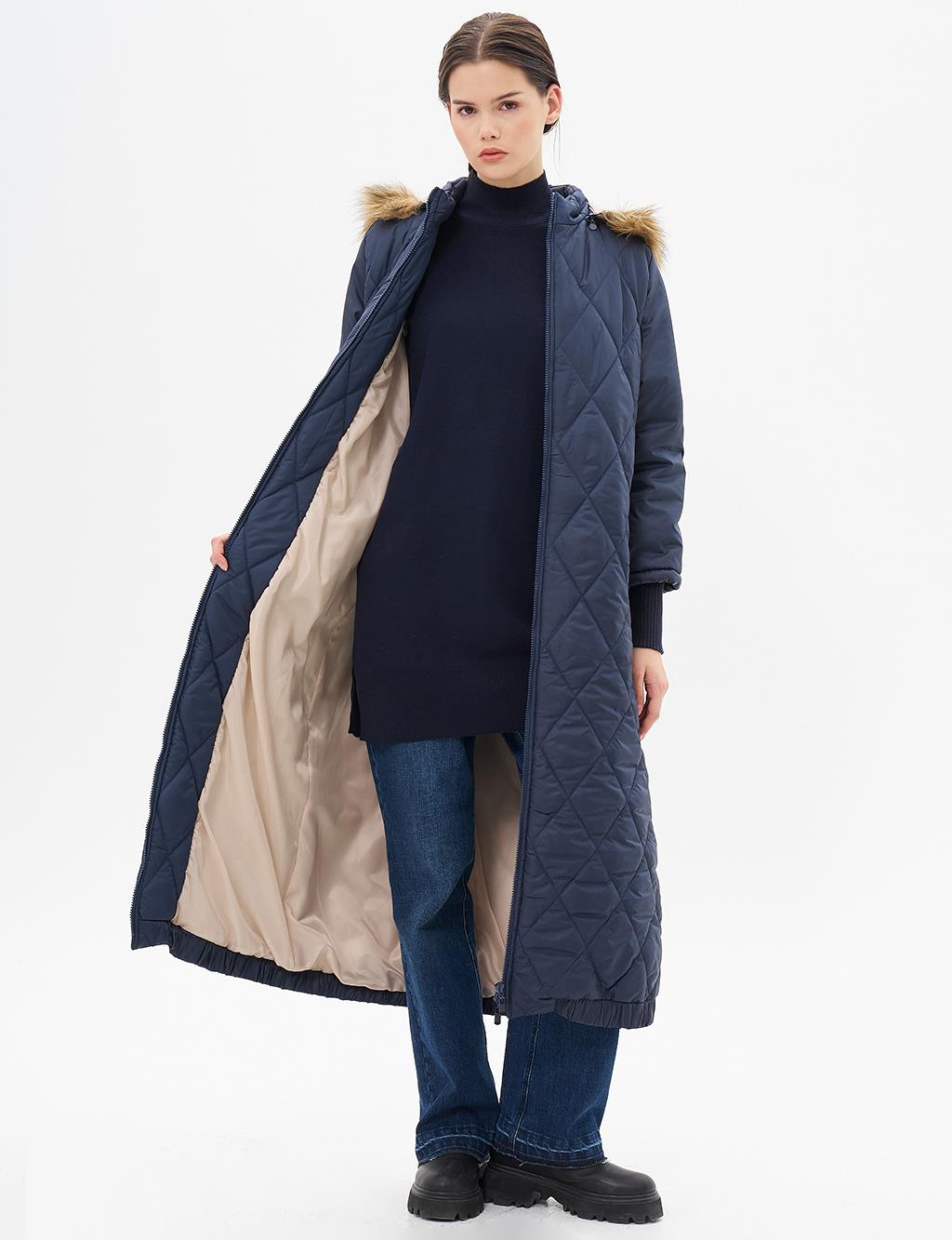 Diamond-Quilted Anorak Coat Navy Blue