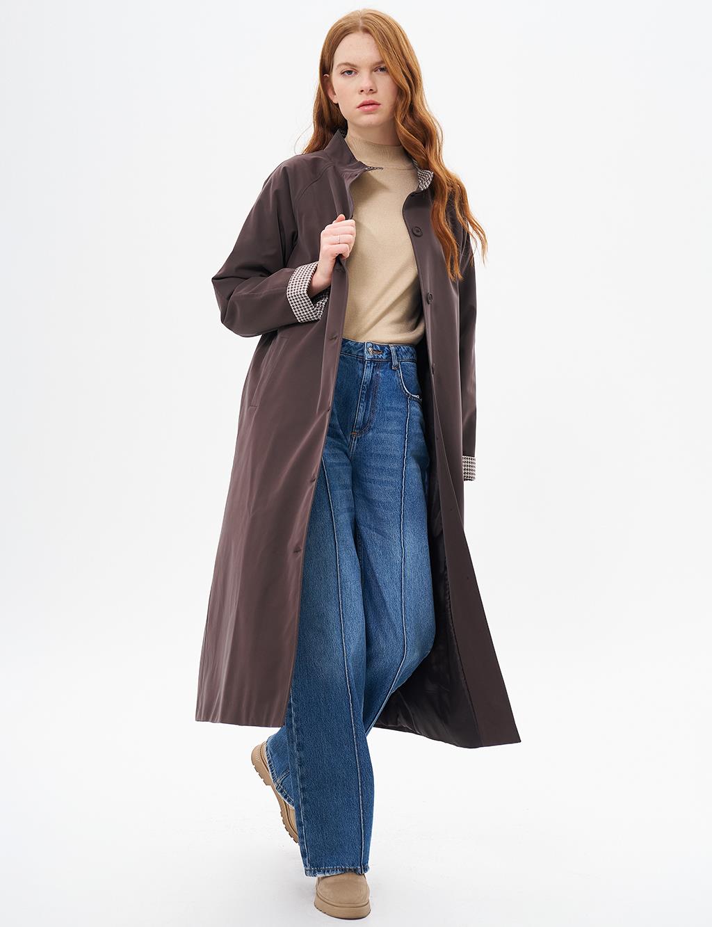 Kaz Ayağı Garnili Uzun Kaban Kahve 