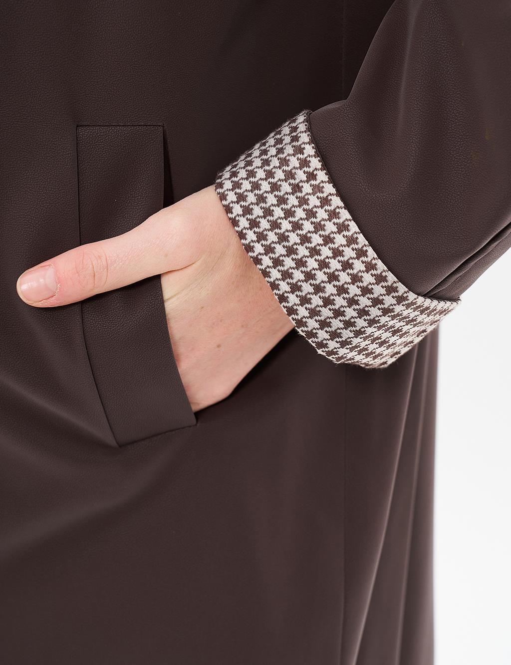 Kaz Ayağı Garnili Uzun Kaban Kahve 