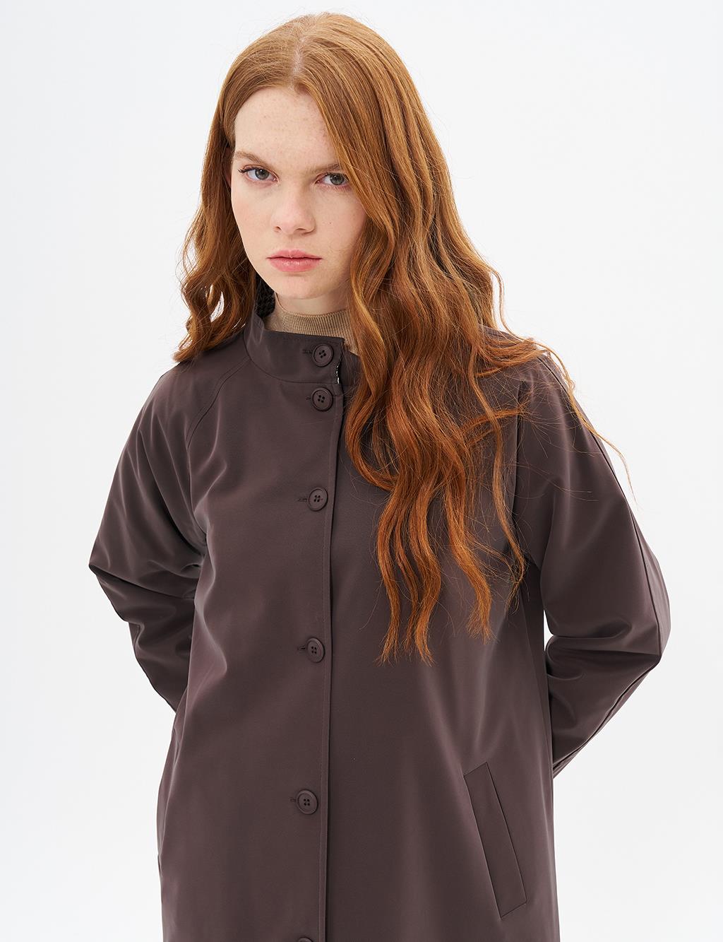 Kaz Ayağı Garnili Uzun Kaban Kahve 