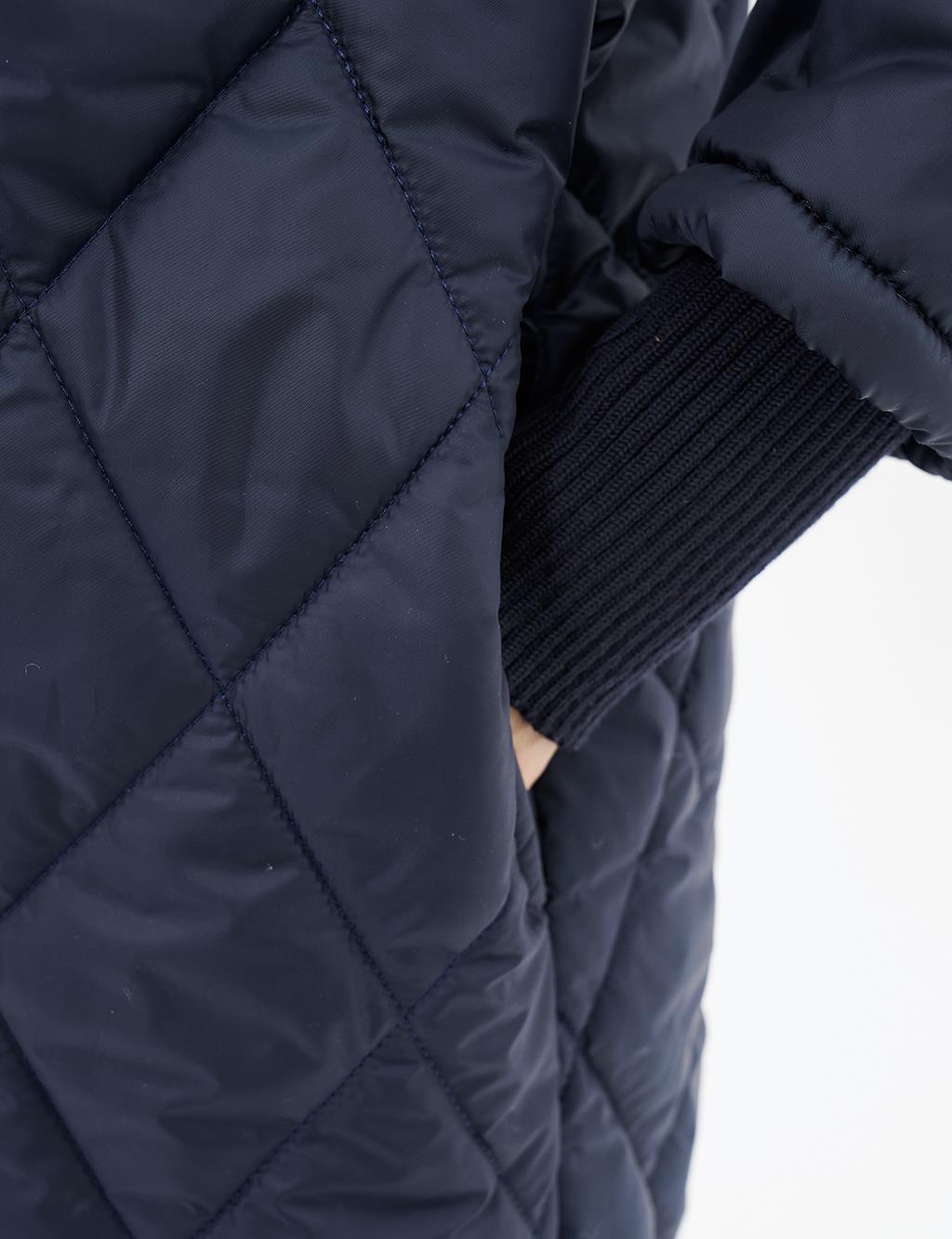 Diamond-Quilted Anorak Coat Navy Blue