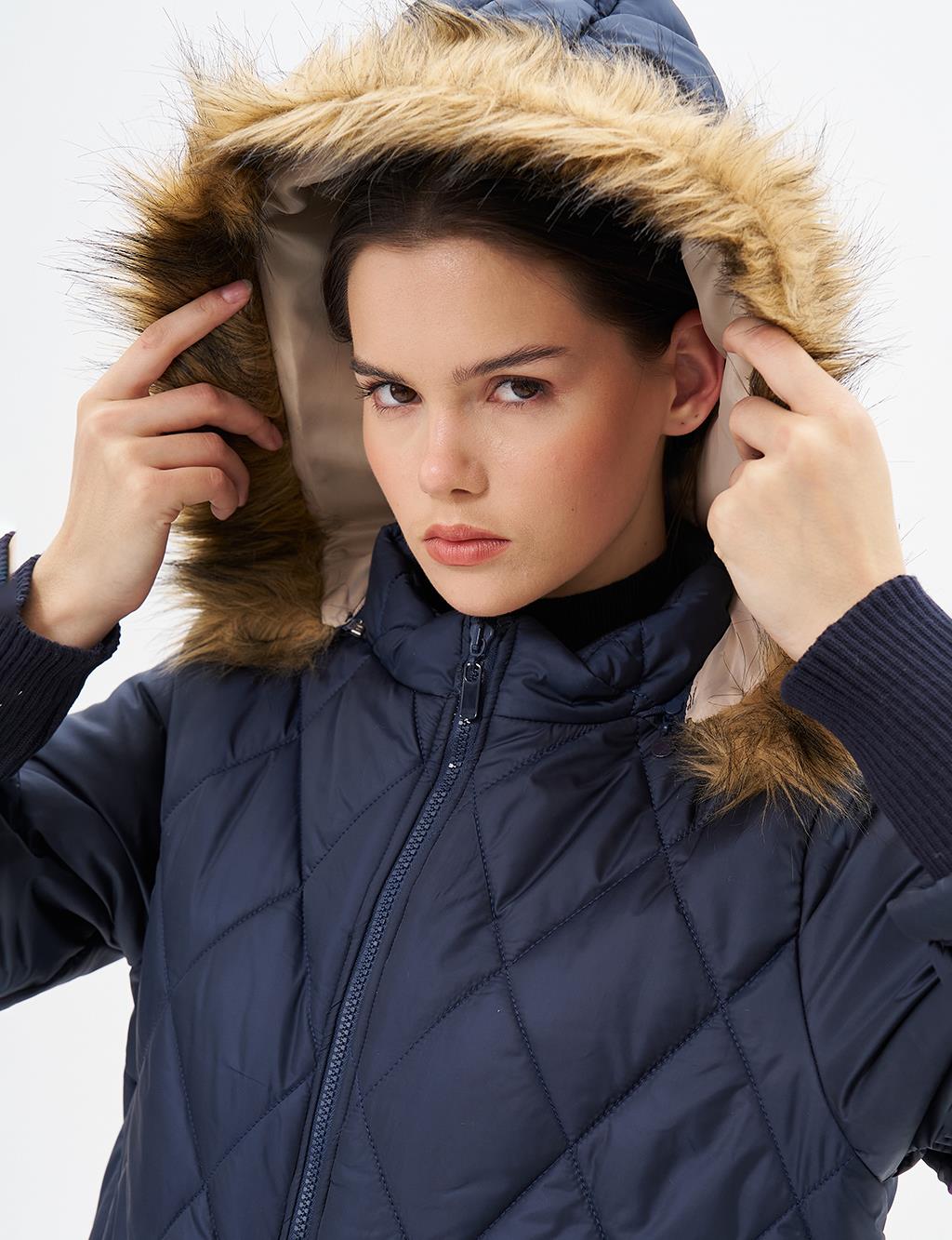 Diamond-Quilted Anorak Coat Navy Blue