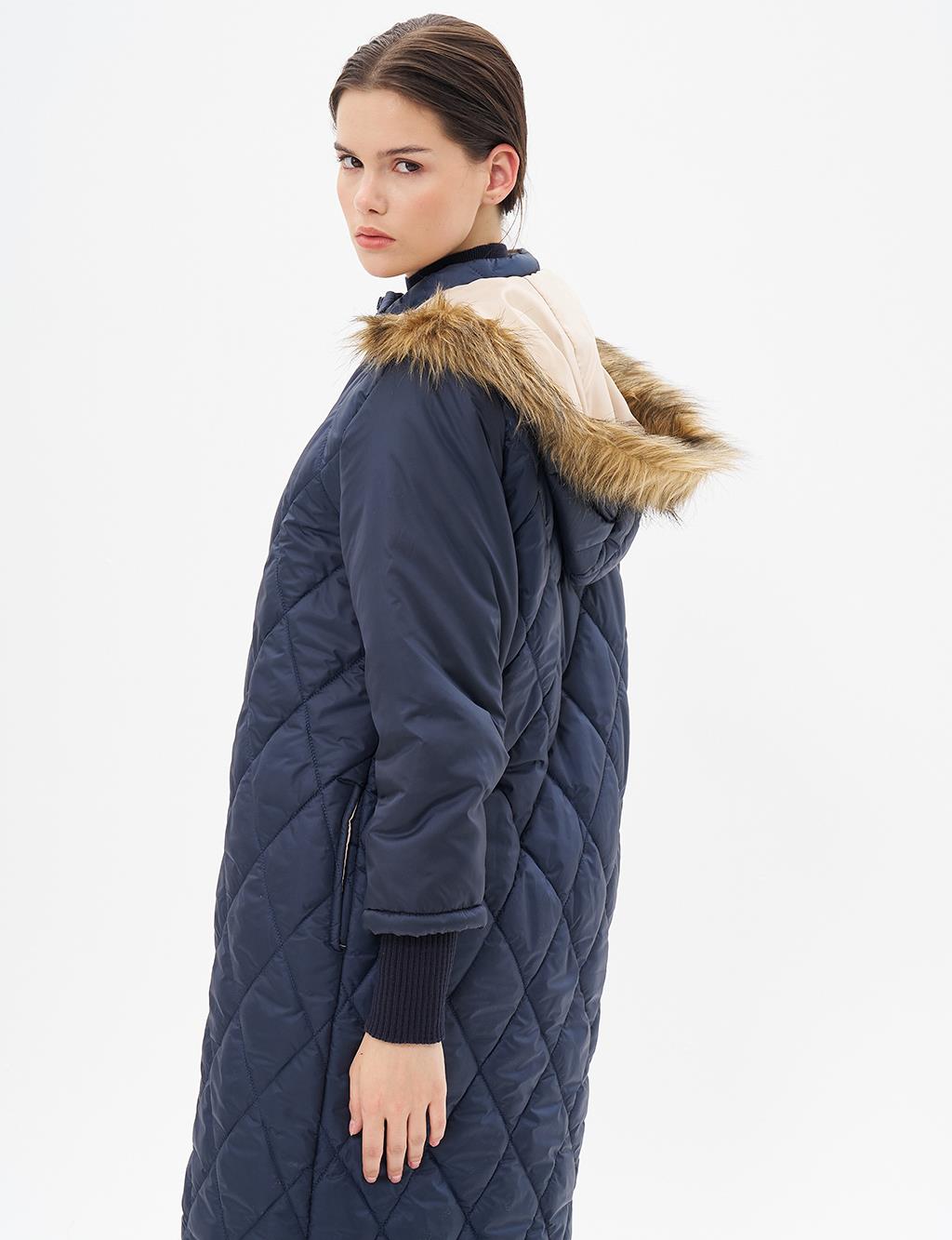 Diamond-Quilted Anorak Coat Navy Blue