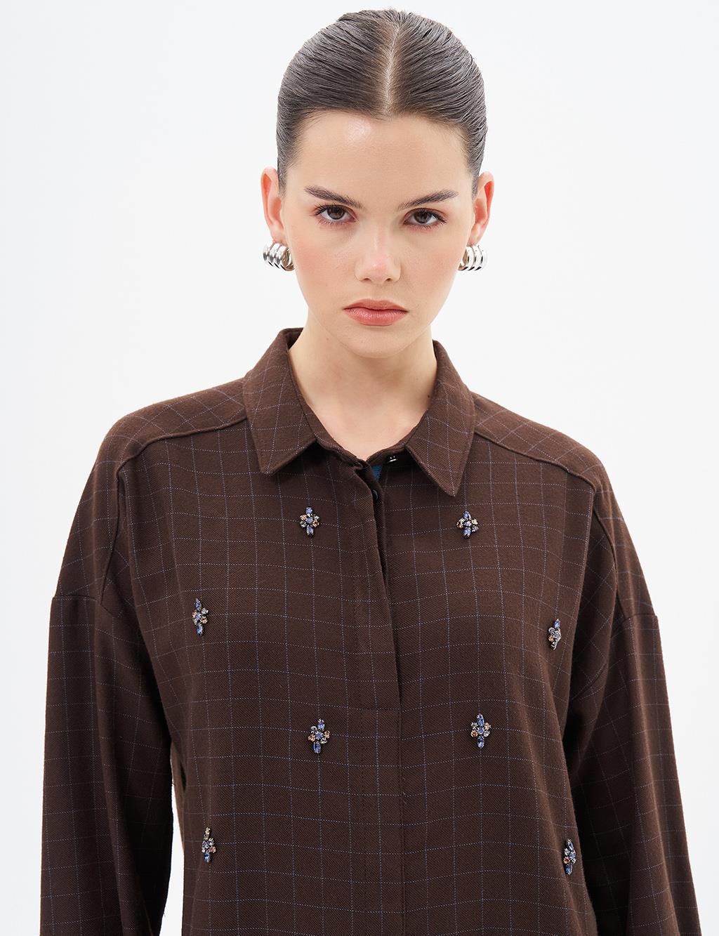 Shirt Collar Stone Detailed Tunic Dark Coffee